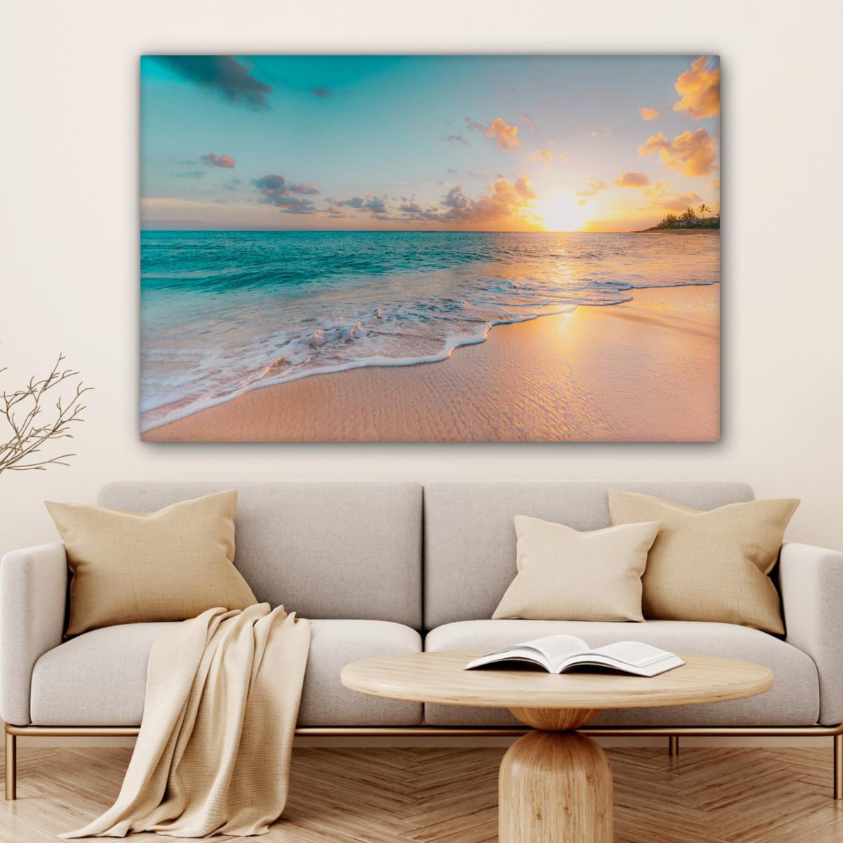 LEINWANDBILD Sonnenuntergang - Strand - Meer - Sommer - Blau Groß 140x90 cm - Multicolor, Textil (140/90cm) - MuchoWow