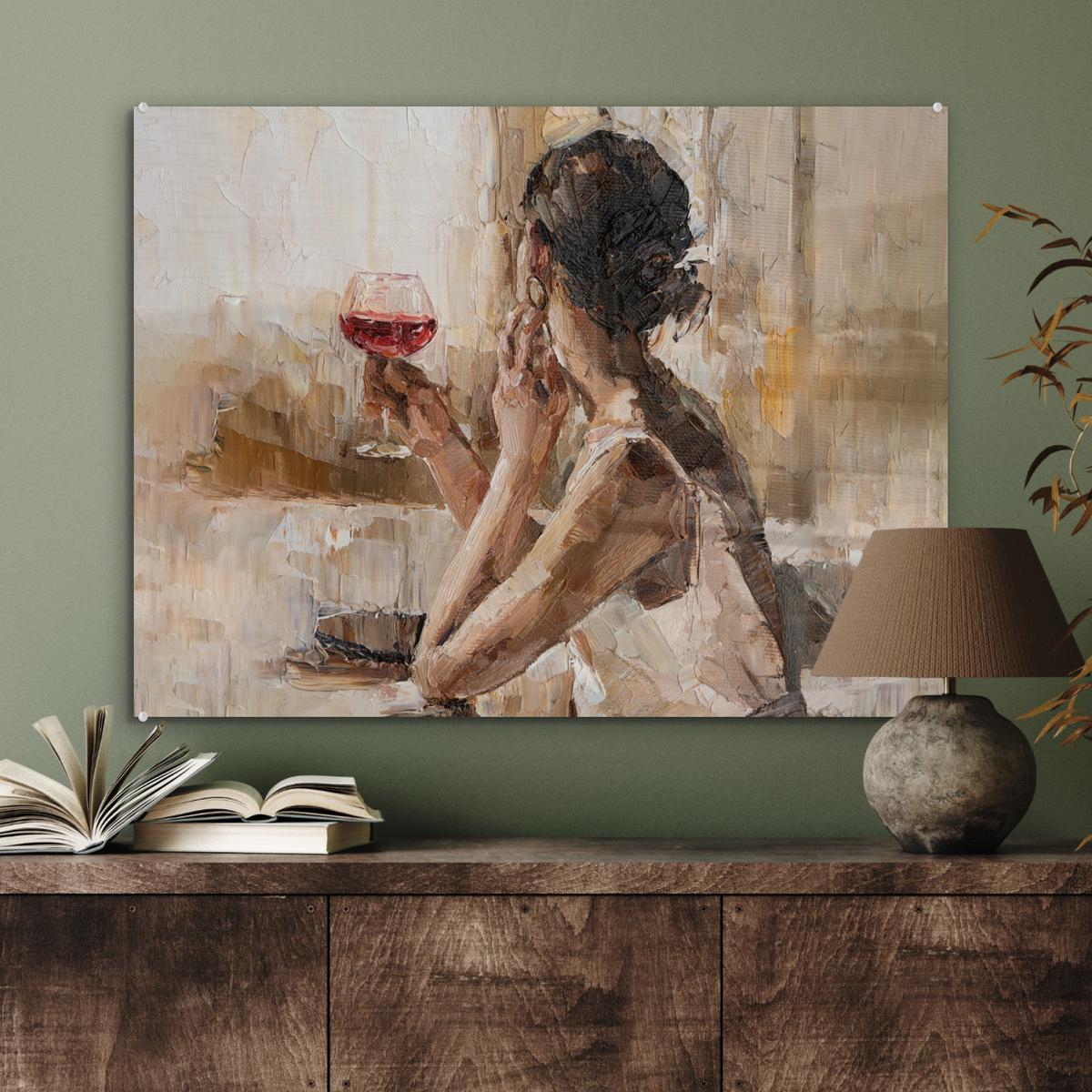 ACRYLGLASBILD Ölgemälde - Frau - Wein 80x60 cm - Hellbraun, Glas (80/60cm) - MuchoWow