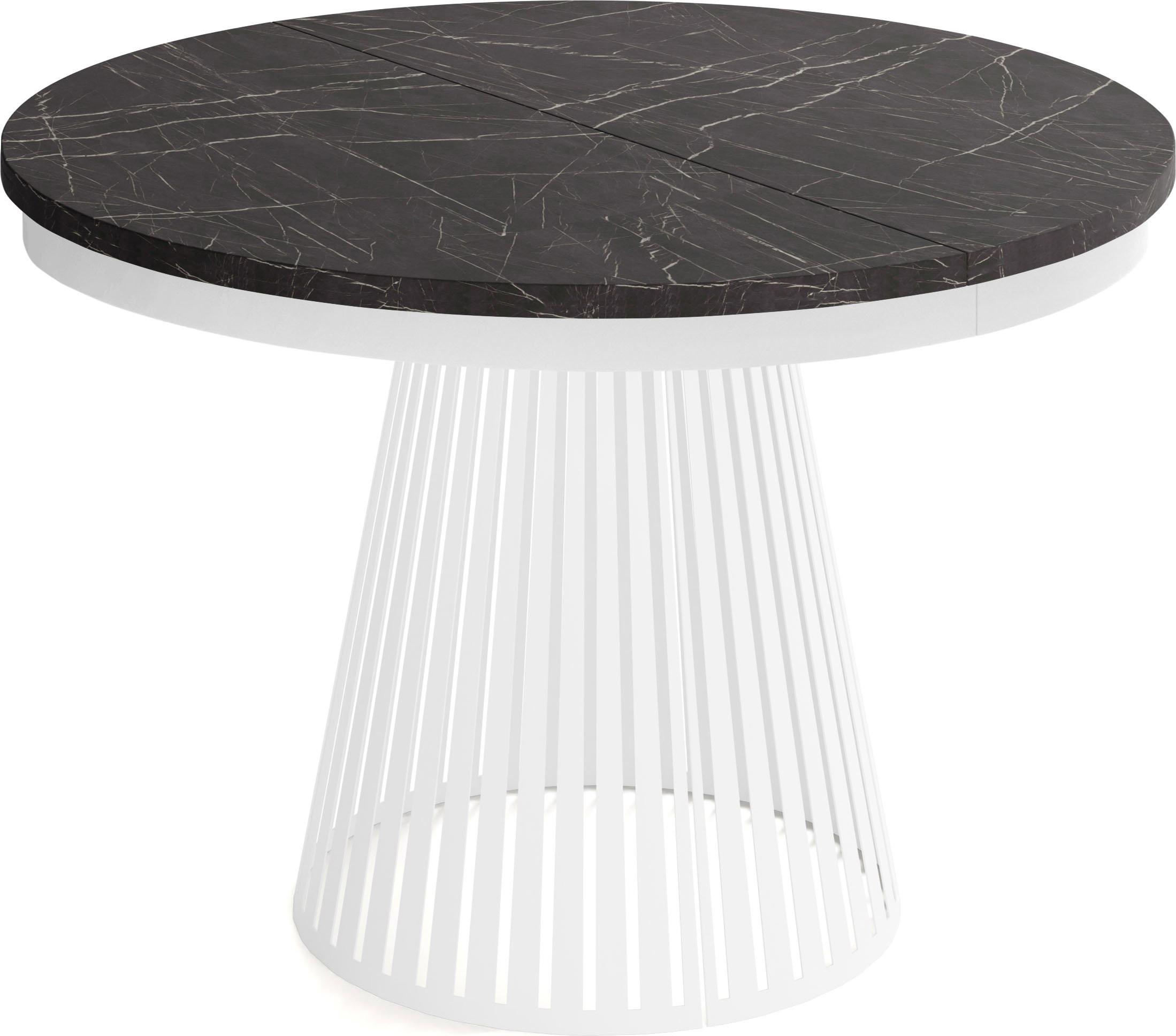 ESSTISCH Naro rund ausziehbar mit Weißem Lamellen-Metallgestell, Marmor Schwarz 100-180/100/76 cm - Anthrazit/Weiß, Holzwerkstoff/Metall (100/176/76cm) - WFL GROUP