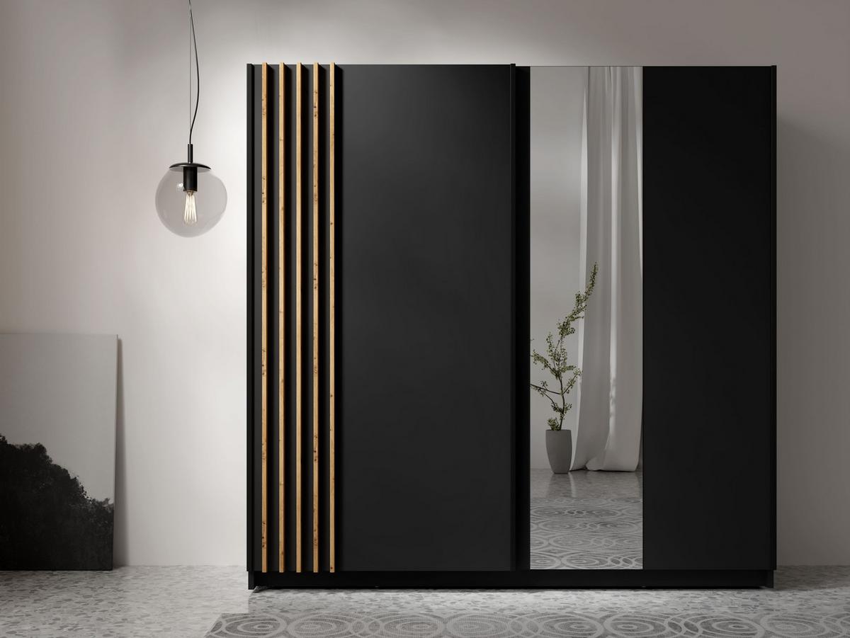 KLEIDERSCHRANK Beralto Schwarz 200/198,5/63,5 cm – mit Spiegel und Lamellenfront - Schwarz, Holzwerkstoff (200/198.5/63.5cm) - AX Living