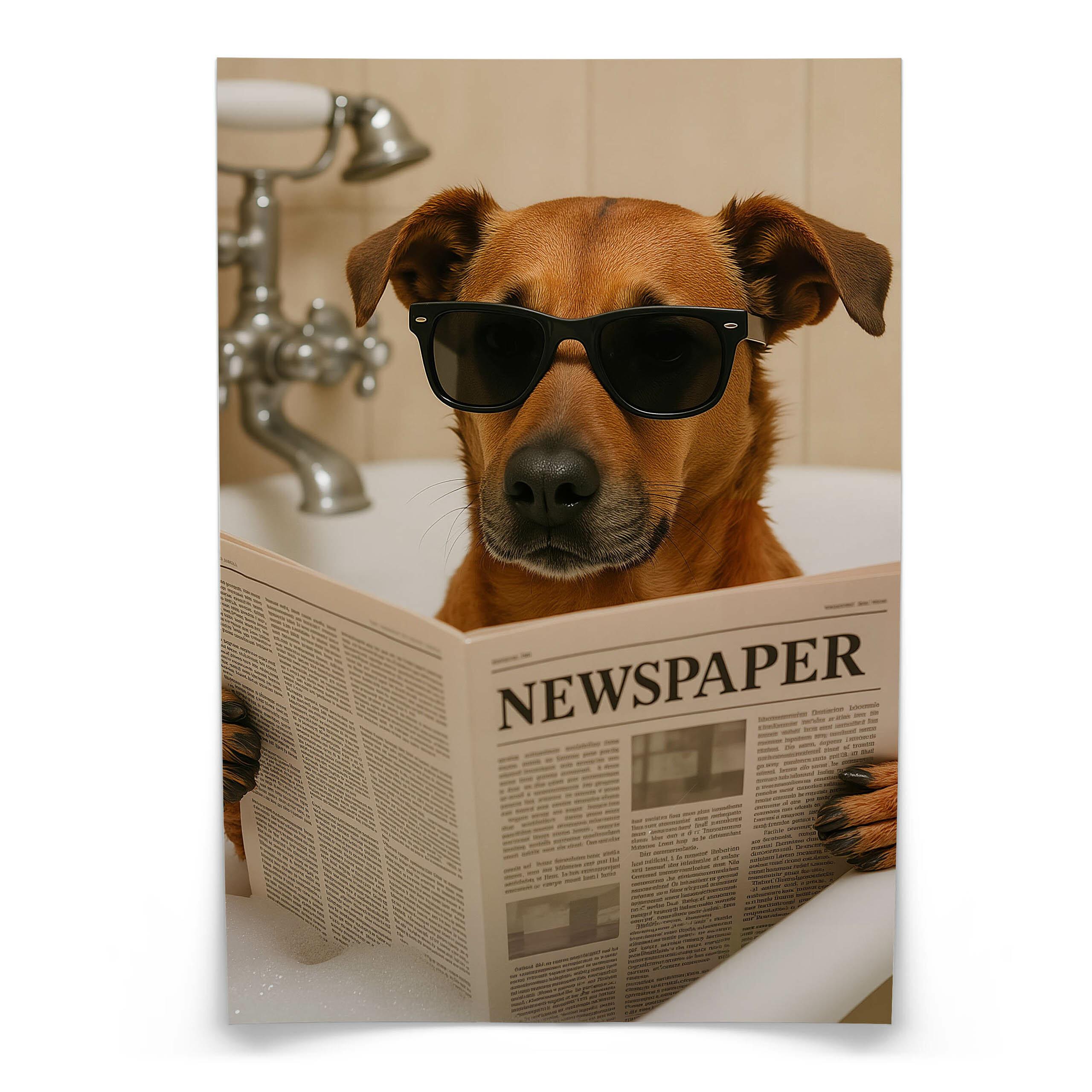 POSTER für WC Badezimmer HUND in Badewanne Retro Zeitung Abstraktion 20x30cm - Beige/Schwarz, Papier (20/30/30cm) - Muralo