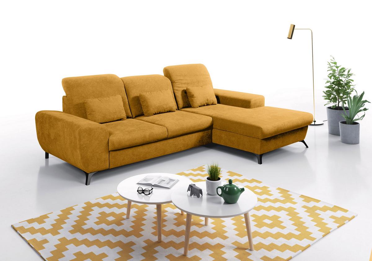 ECKSOFA LUCE R-S Gelb Plüsch-Stoff mit Schlaffunktion - Gelb, Holz (279/172cm) - MASSENO