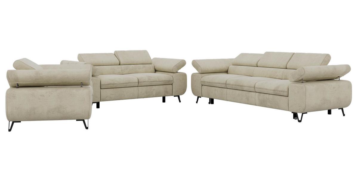 SITZGARNITUR PETER 1+2+3 mit Schlaffunktion - Beige Velvet - Beige/Schwarz, Textil/Metall (262/76/99cm) - MKS
