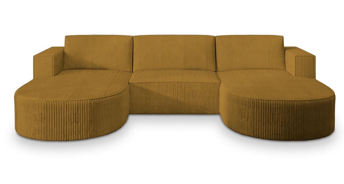 WOHNLANDSCHAFT VEZZO P Gelb Kordstoff mit Schlaffunktion - Gelb/Grau, Holz/Kunststoff (347/85/174cm) - MASSENO
