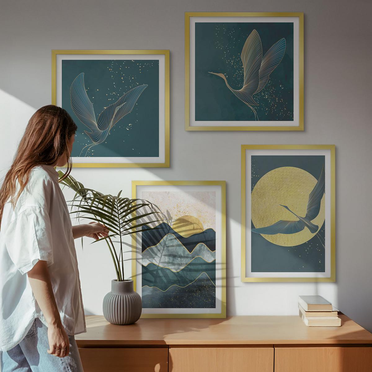 BILDER SET 4er Set - 50x50 cm & 40x60 cm Goldrahmen - Vögel, Kraniche, Mond, Berge - Goldfarben, Kunststoff (50/50cm) - TULUP