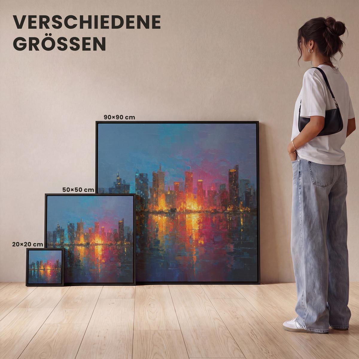 LEINWAND Bilder mit Rahmen - Skyline - Pinselstriche - Dunkelblau - Leuchtend - 20x20 - Blau, Textil (20/20cm) - MuchoWow