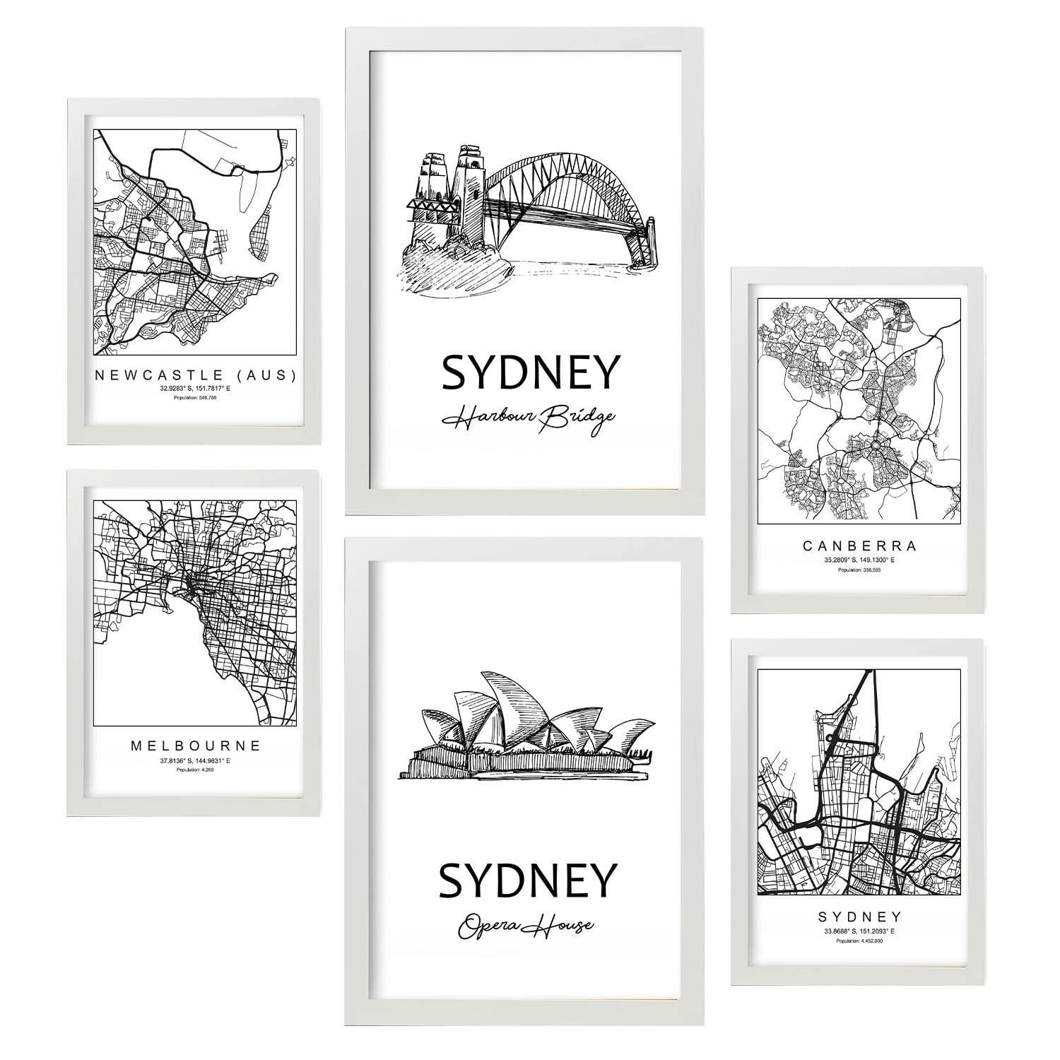 POSTER Set Mit 6 Drucke Von Australien Von Karten In Schwarz Weiß A3 & A4 Weißer Rahmen - Weiß, Papier (29/3cm) - Nacnic