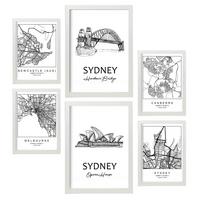 POSTER Set Mit 6 Drucke Von Australien Von Karten In Schwarz Weiß A3 & A4 Weißer Rahmen - Weiß, Papier (29/3cm) - Nacnic