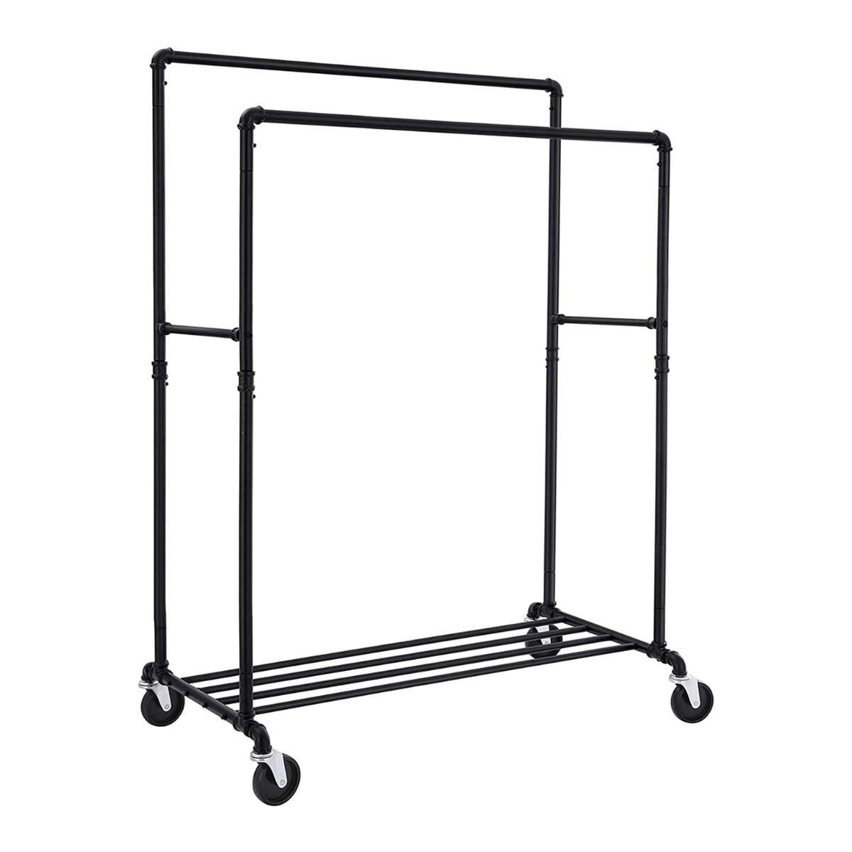 KLEIDERSTÄNDER mit zwei Kleiderstangen und Regal auf Rollen - Schwarz, Metall (106.5/146/59cm) - Calicosy