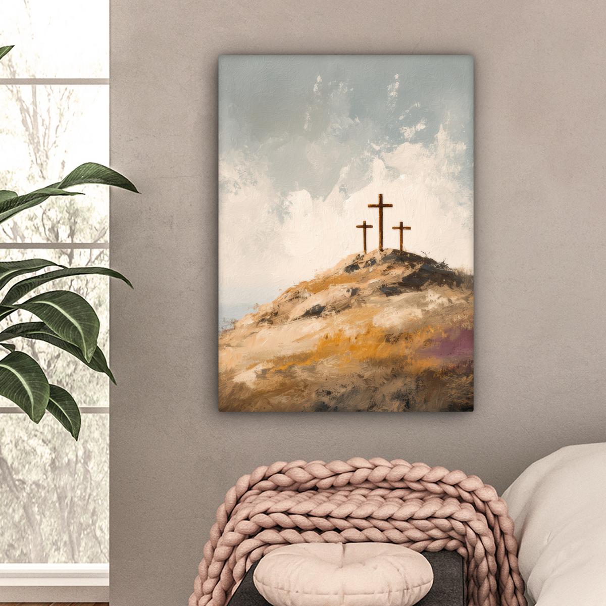 LEINWANDBILD Hügel - Abstrakt - Christentum - Kreuz Wandbild Wohnzimmer 60x80 cm - Hellgrau, Textil (60/80cm) - MuchoWow