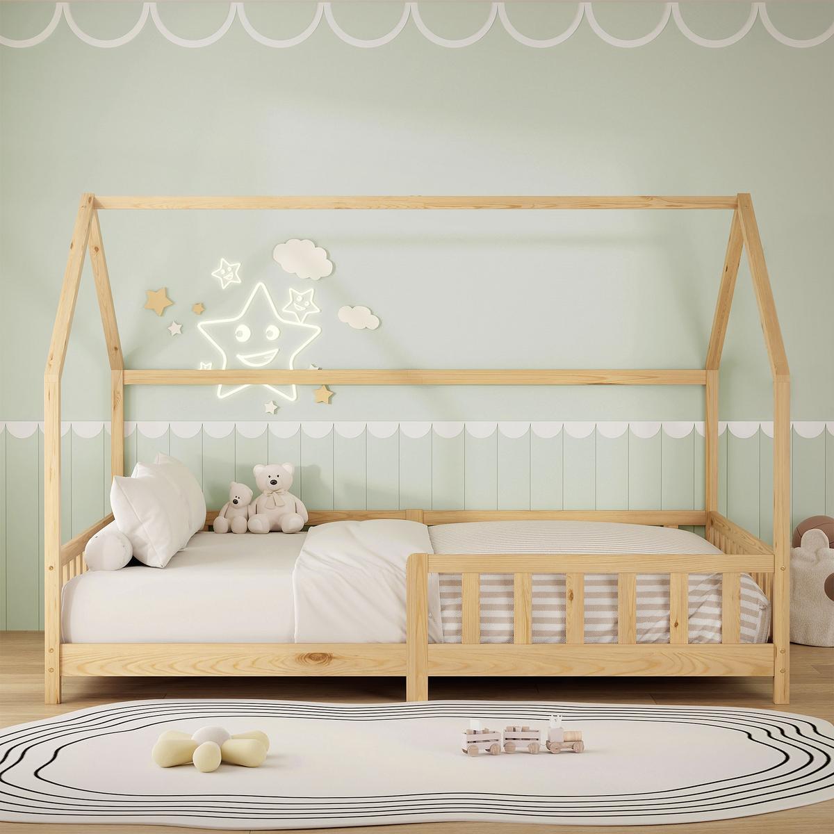 KINDERBETT 140x200 cm mit Rausfallschutz Natur aus Kiefernholz massiv - Naturfarben, Holz (140/200cm) - ML-DESIGN