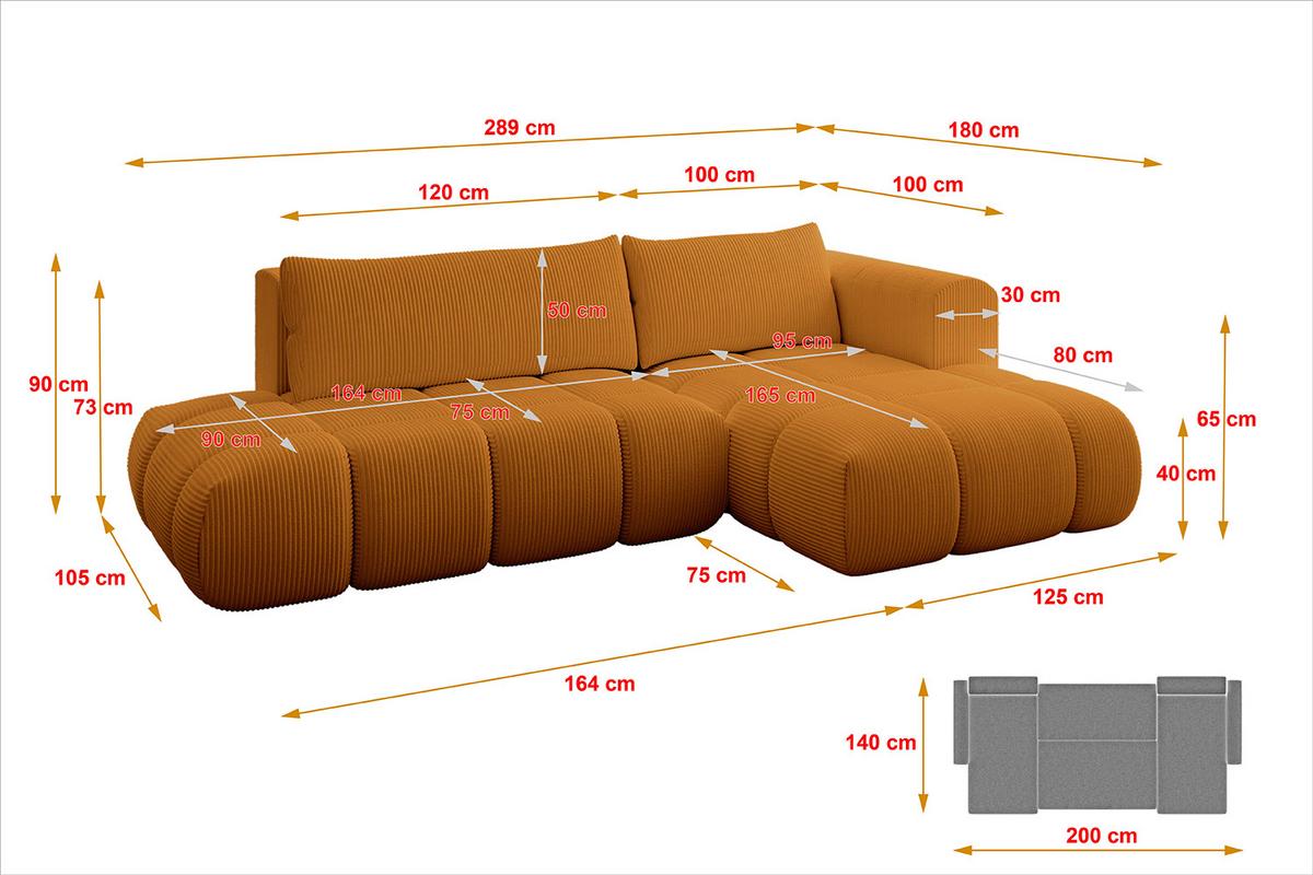 ECKSOFA Ottomane Rechts CLOUD-L 280x185x90 Senfgelb Cord - Currygelb, Holzwerkstoff/Kunststoff (185/280cm) - ALTDECOR