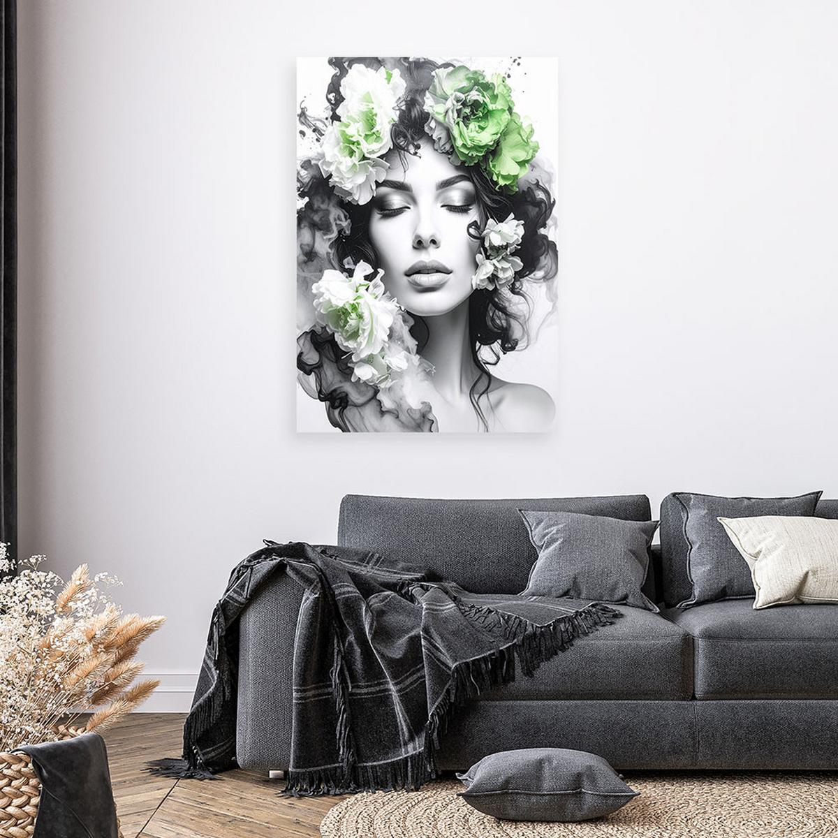 LEINWANDBILD Porträt einer Frau mit grünen Blumen auf dem Kopf 40x60cm - Schwarz, Textil (40/60cm) - Feeby