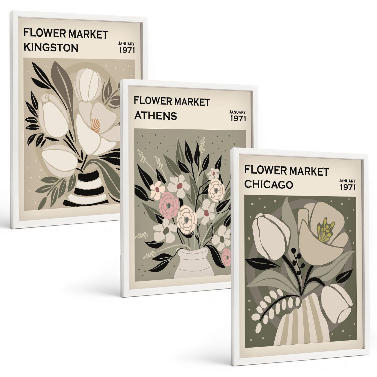 BILDER SET 3er Set - 40x60 cm Weißer Rahmen - Retro-Blumenarrangements - Weiß, Kunststoff (40/60cm) - TULUP