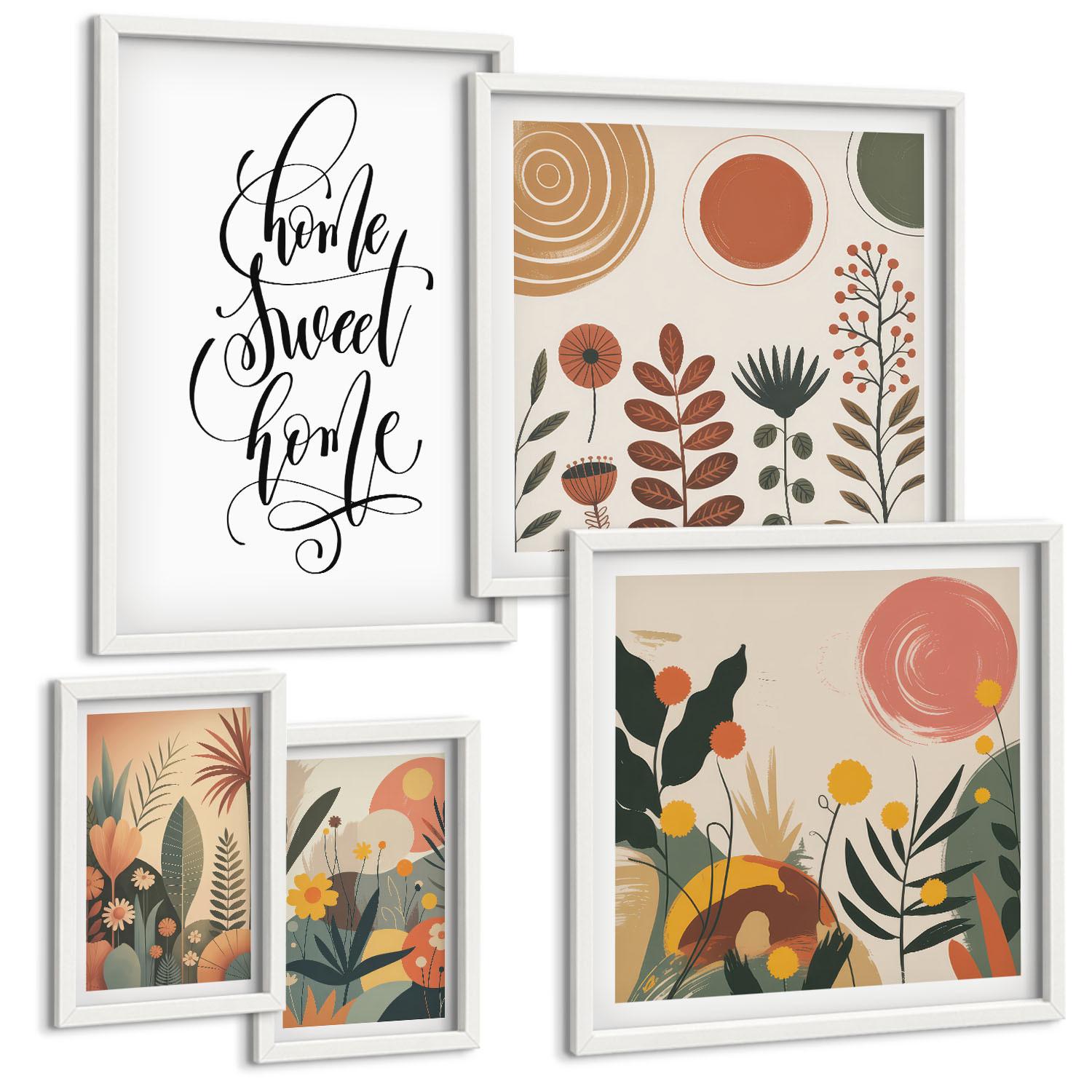 BILDER SET 5er Set - 50x50 cm & 20x30 cm & 40x60 cm Weißer Rahmen - Pastellfarbene Pflanzenmuster - Weiß, Kunststoff (40/60cm) - TULUP