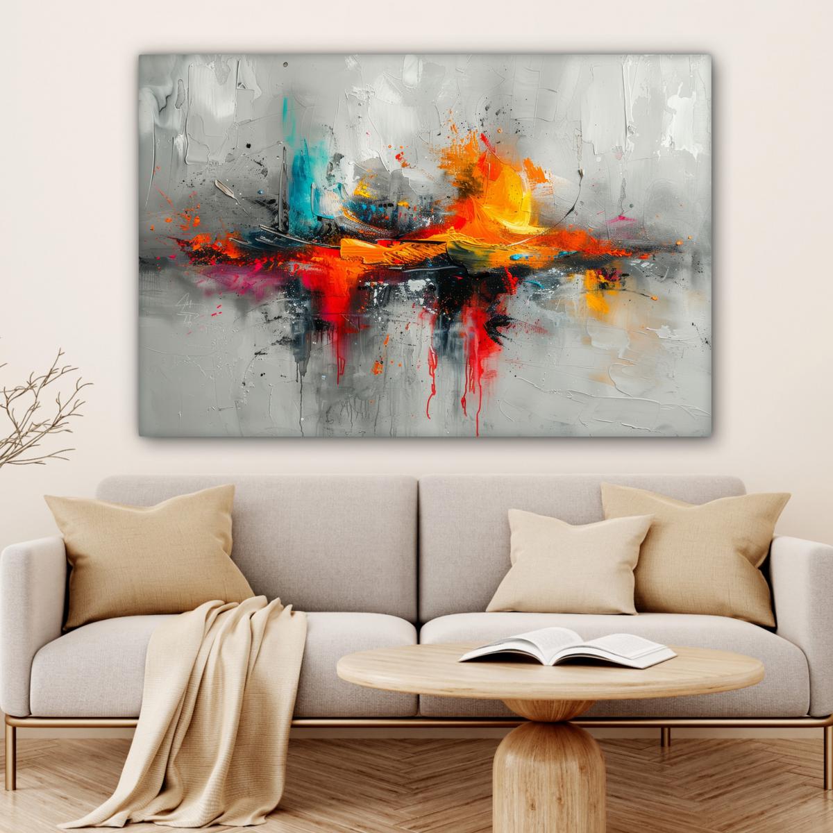 LEINWANDBILD Moderne Kunst - Orange - Grau - Abstrakt Wohnzimmer Groß 120x80 cm - Hellgrau, Textil (120/80cm) - MuchoWow