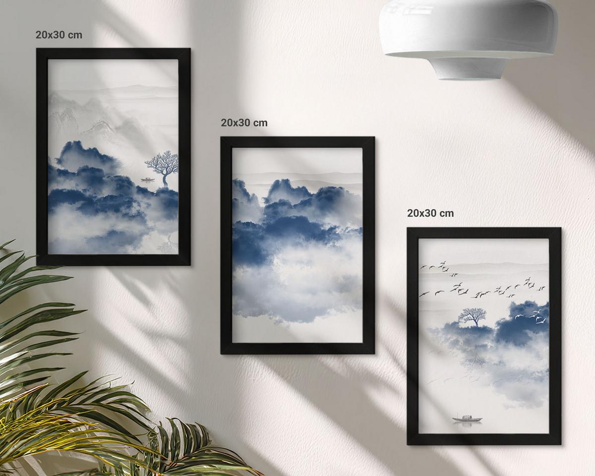 BILDER SET 3er Set - 20x30 cm Schwarzer Rahmen - Berge, Wolken, Bäume, Vögel - Schwarz, Kunststoff (20/30cm) - TULUP
