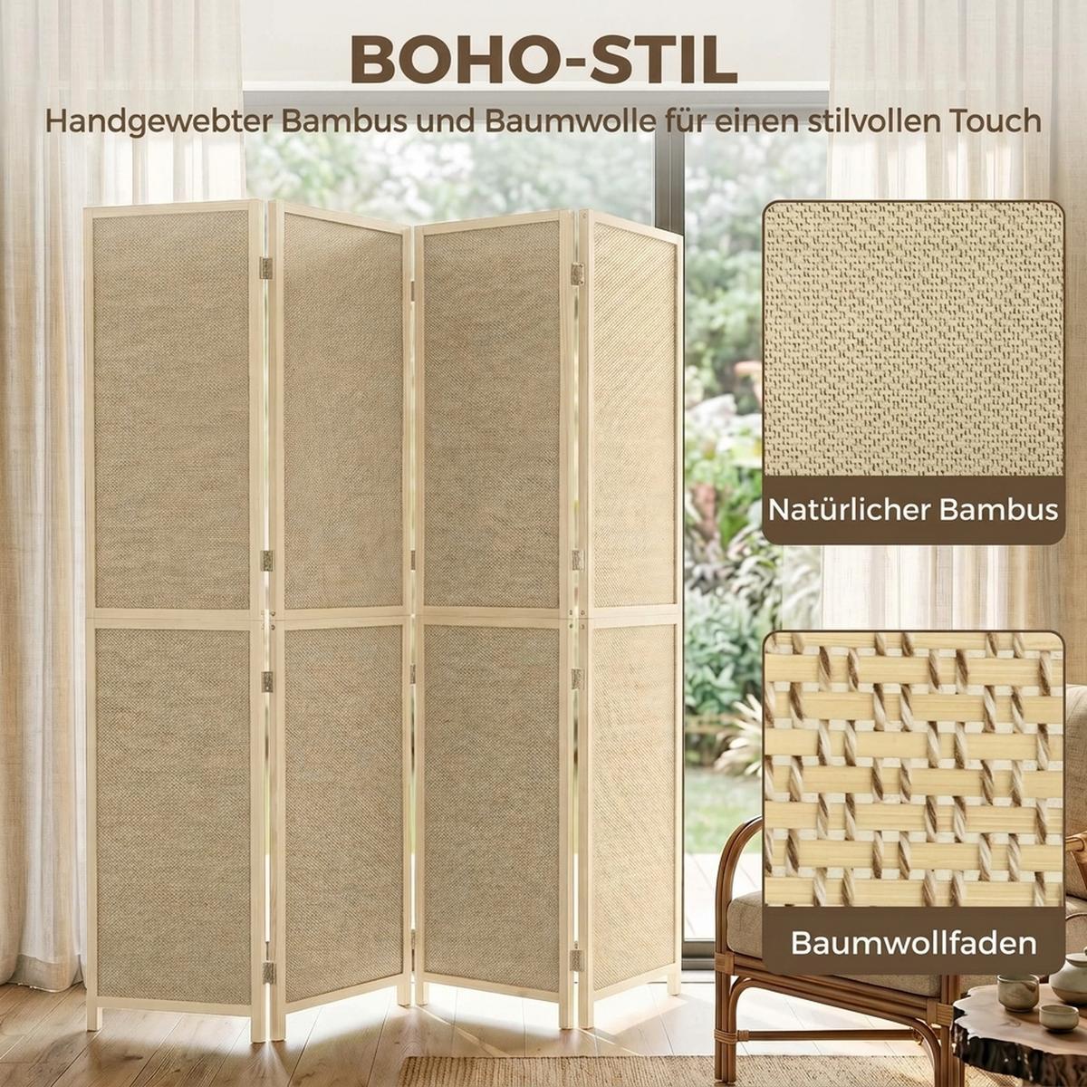 PARAVENT Bambus Kiefernholz Naturholz - Naturfarben, Holz/Naturmaterialen (1.7/180/180cm) - HOMCOM