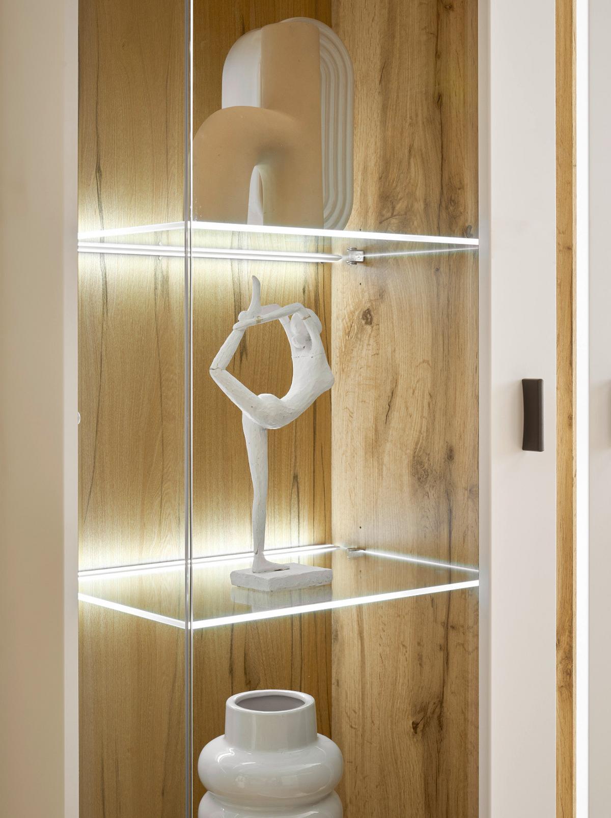 VITRINE weiß matt, Eiche Wotan 80 x 200 cm, Vitrinenschrank inklusive Frontbeleuchtung - Eiche Wotan/Silberfarben, Glas/Holzwerkstoff (80/200/35cm) - Furn.Design