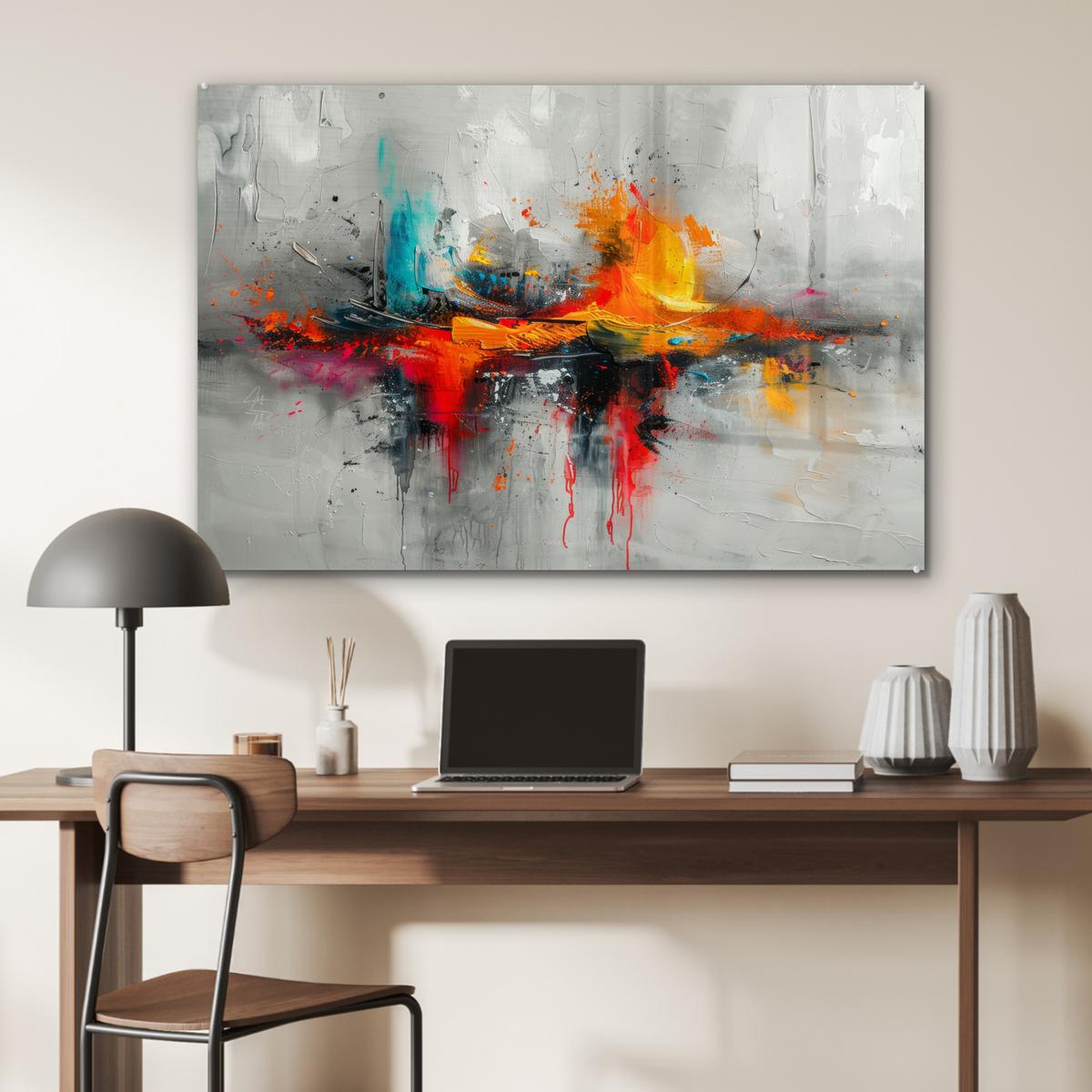 ACRYLGLASBILD Moderne Kunst - Orange - Grau - Abstrakt Wandbild Schlafzimmer 120x80 cm - Hellgrau, Glas (120/80cm) - MuchoWow