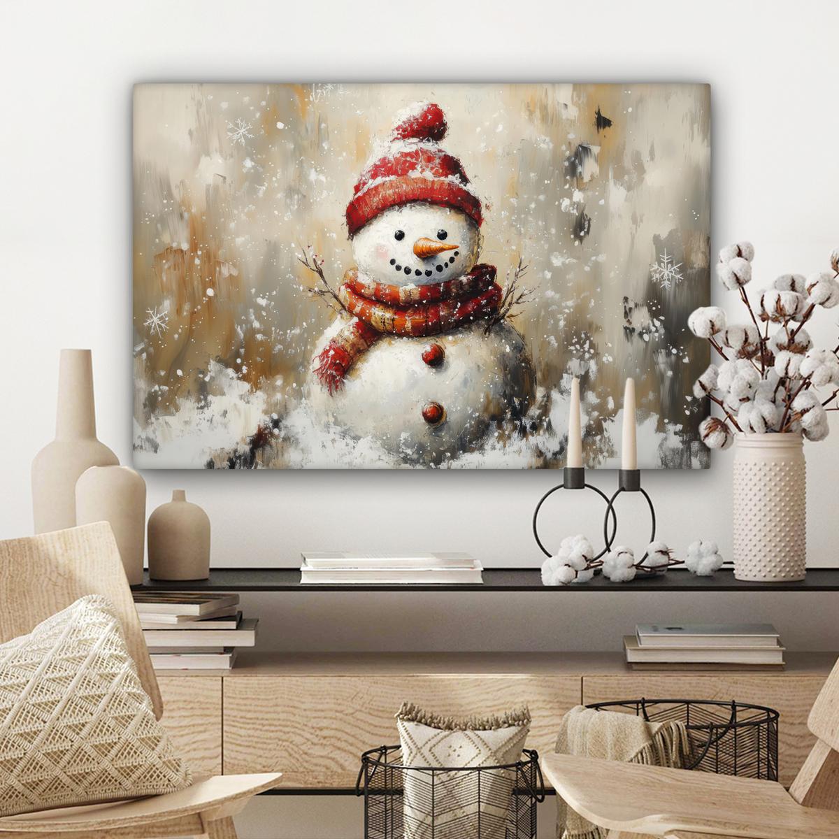 LEINWANDBILD Schneemann - Winter - Schnee - Beige Wanddeko 90x60 cm - Weiß, Textil (90/60cm) - MuchoWow