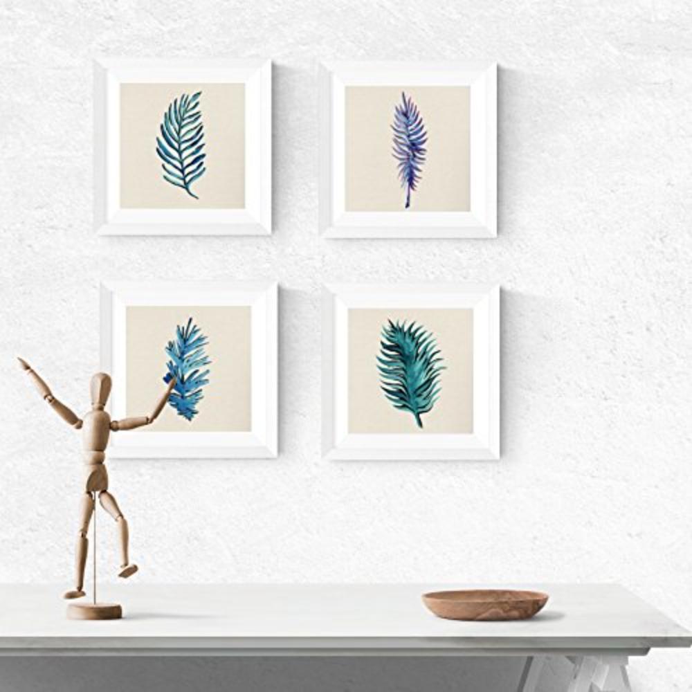 POSTER Set mit 4 Bunte Blauen Blättern 20x20cm Schwarzer Rahmen - Schwarz, Papier (20/3cm) - Nacnic