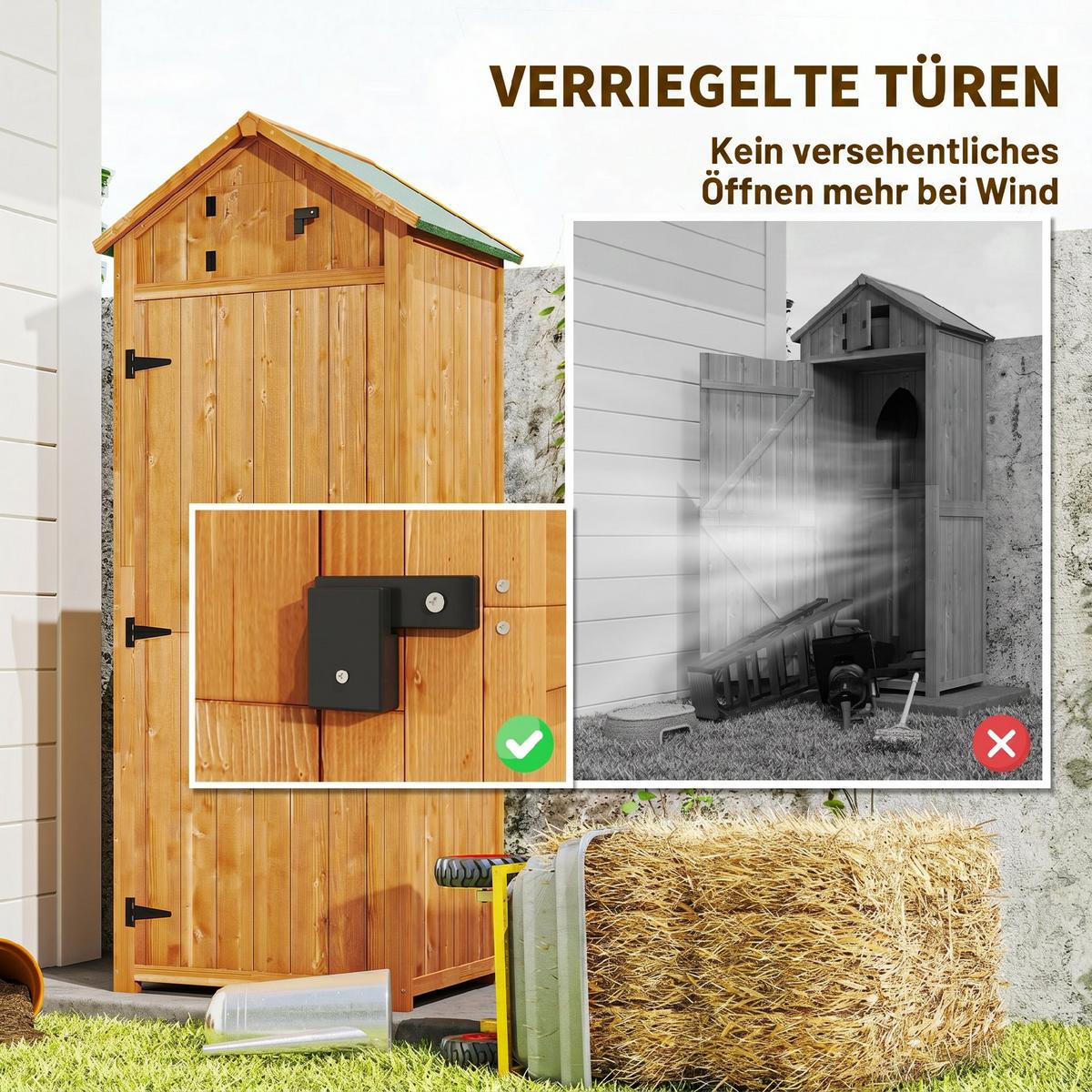 GARTENSCHRANK Geräteschuppen, mit Fachböden, Asphaltdach, Fenster, Holz, Gelb+Grün - Braun, Holz (54.2/179/77cm) - Outsunny