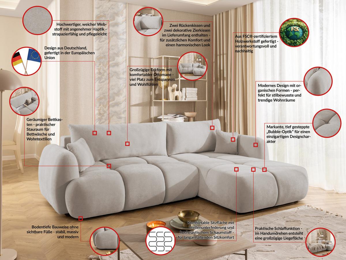 ECKSOFA Loretto aus natürlichem Beige Webstoff mit Schlaffunktion, Bettkasten und tiefen Steppungen in Bubble-Optik - Beige/Schwarz, Holz/Kunststoff (275/180cm) - S-Style