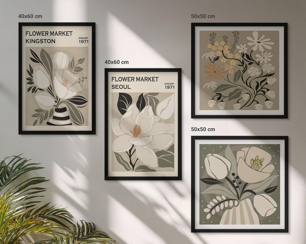 BILDER SET 4er Set - 50x50 cm & 40x60 cm Schwarzer Rahmen - Kingston Seoul Retro-Blumen - Schwarz, Kunststoff (50/50cm) - TULUP