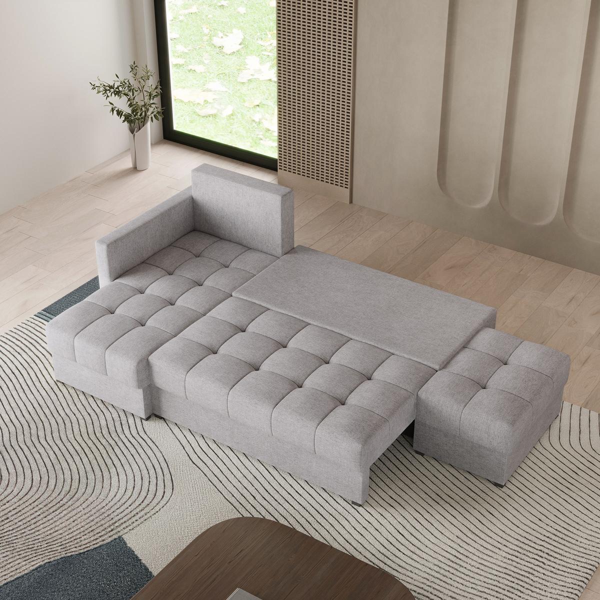 ECKSOFA LUMARI L-S Hellgrau Plüsch-Stoff mit Schlaffunktion - Hellgrau, Holz (262/143cm) - MASSENO