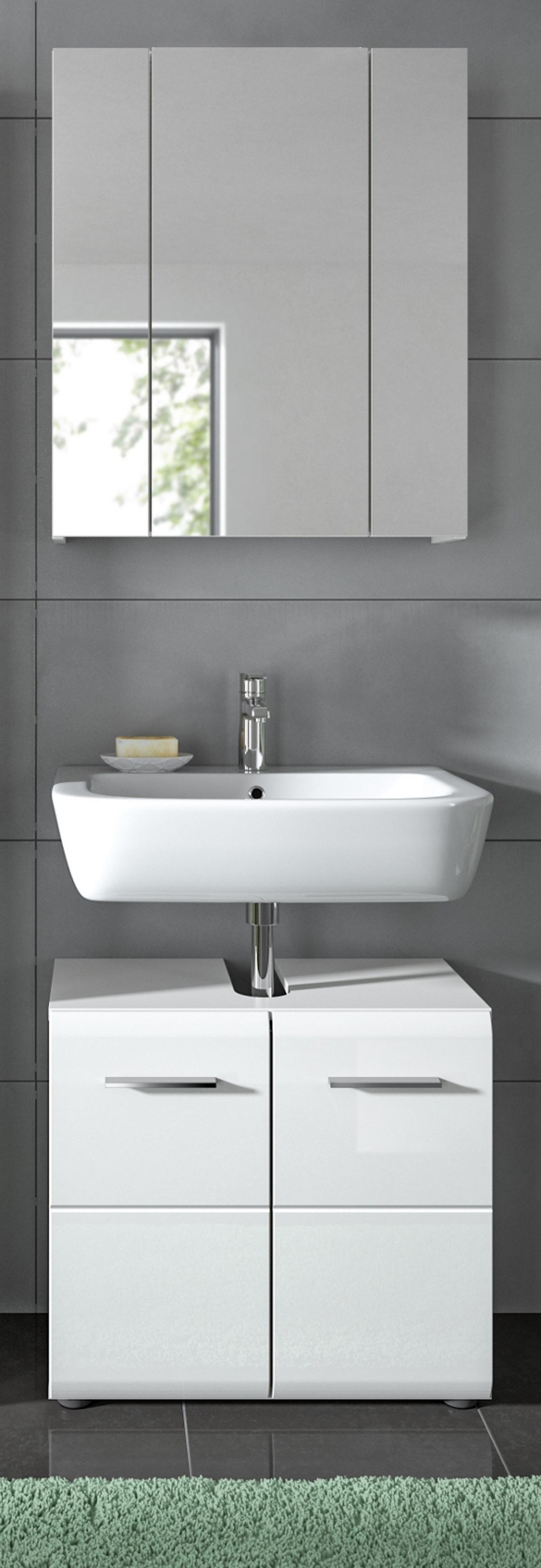 BADMÖBEL-SET weiß Hochglanz 2-teilig, Badkombination 60 cm - Weiß Hochglanz/Silberfarben, Glas/Holzwerkstoff (60/185/30cm) - Inn.Furn