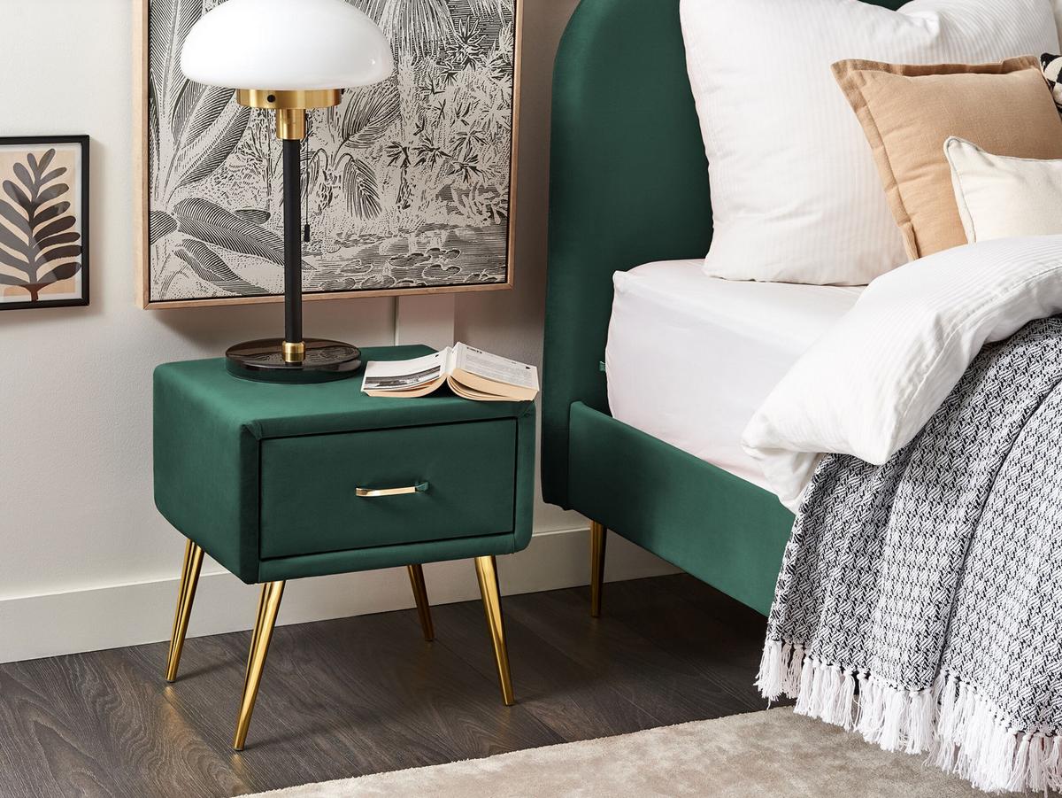 NACHTTISCH Samtstoff smaragdgrün/gold 1 Schublade 38/46/49 cm Flayat - Goldfarben/Grün, Textil (46/49/38cm) - Beliani
