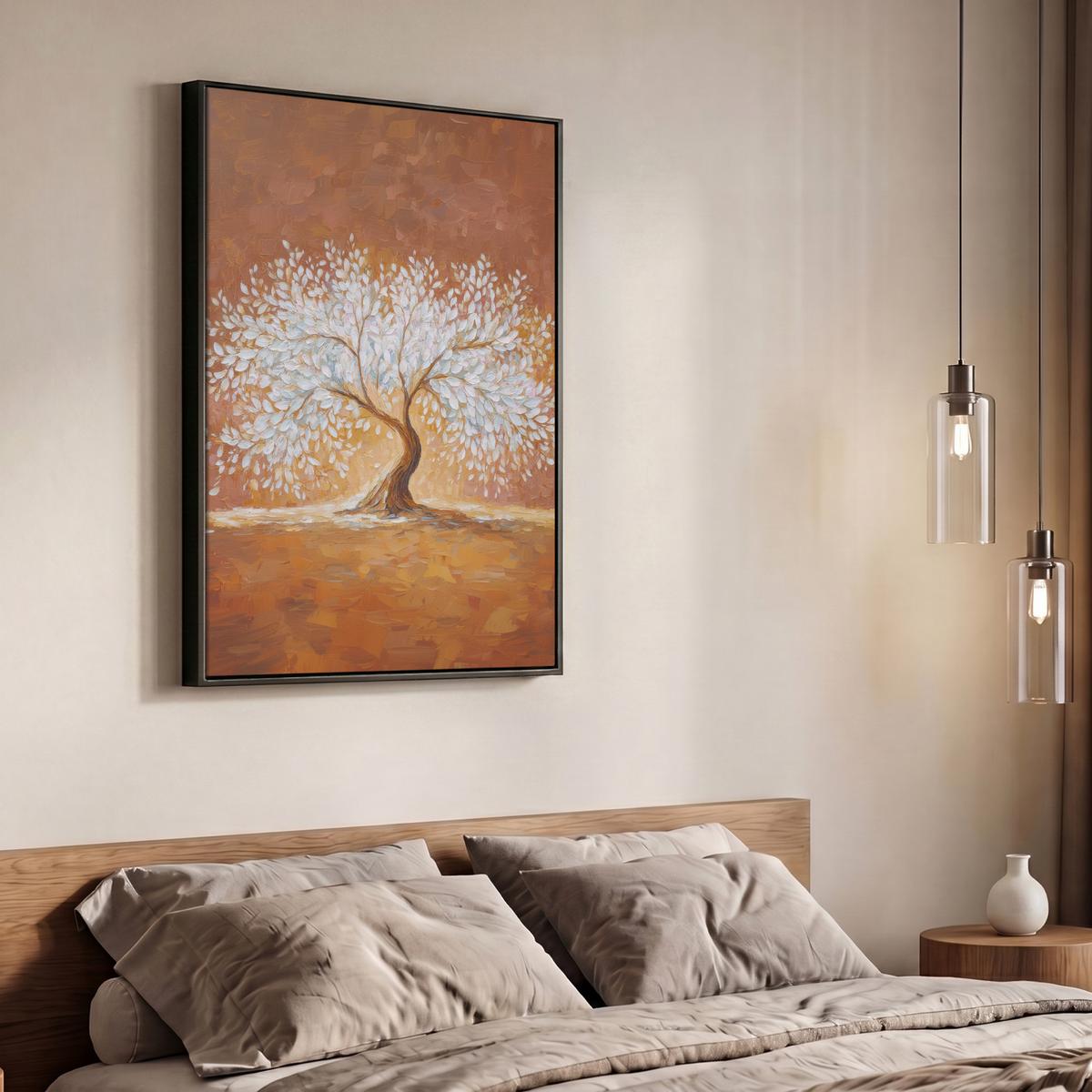 LEINWAND Bilder mit Rahmen - Abstrakt - Baum - Weiß - Blätter - 70x100 - Braun, Textil (70/100cm) - MuchoWow