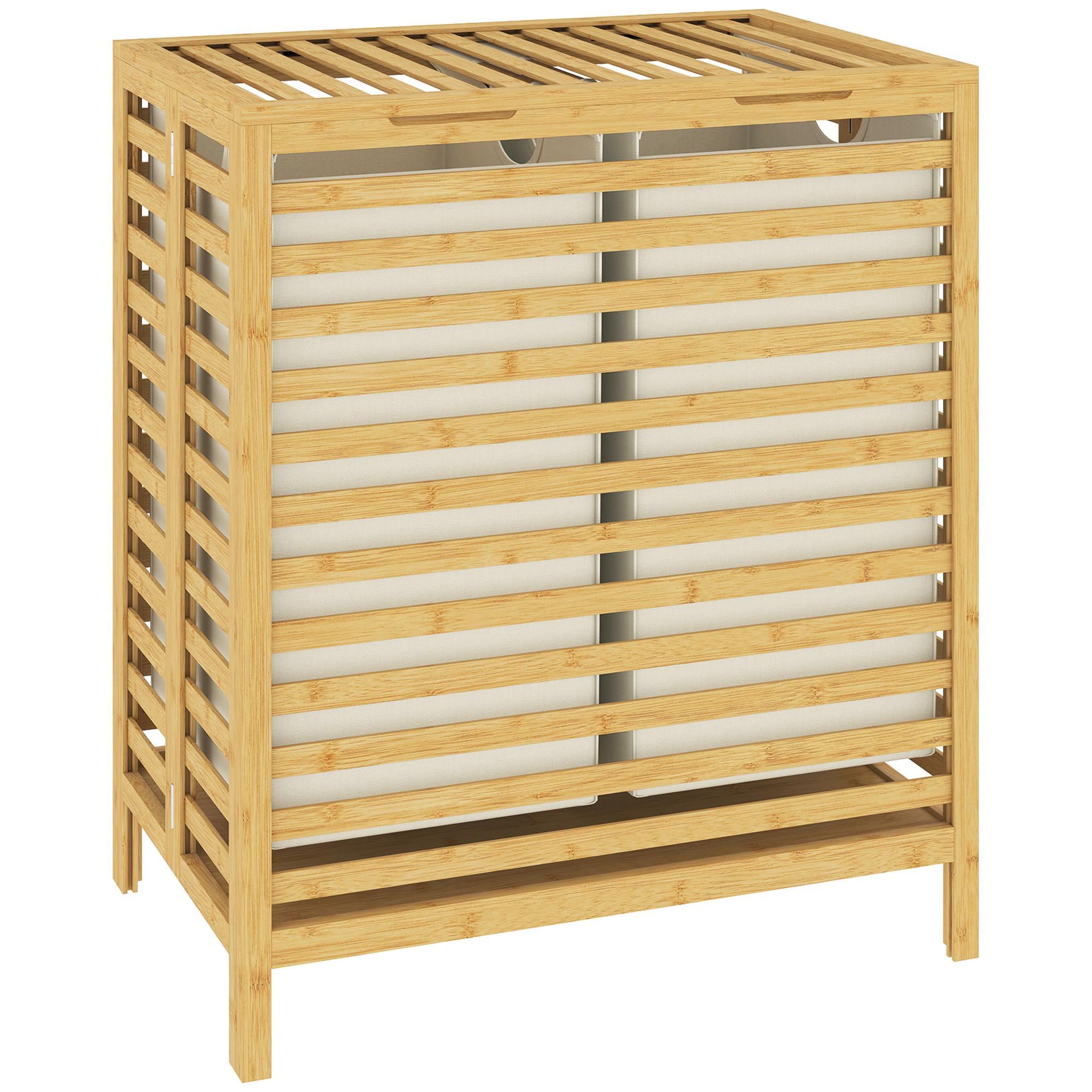 WÄSCHEKORB Bambus Polyester Naturholz Cremeweiß - Naturfarben, Holz/Bambusholz (36/64.2/55cm) - HOMCOM