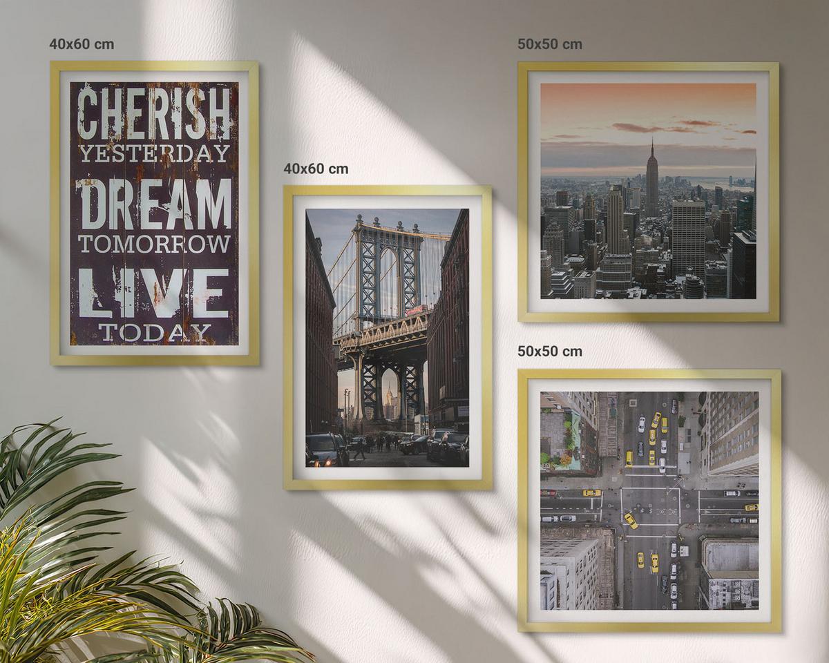BILDER SET 4er Set - 50x50 cm & 40x60 cm Goldrahmen - Zitat über New Yorker Landschaften - Goldfarben, Kunststoff (50/50cm) - TULUP