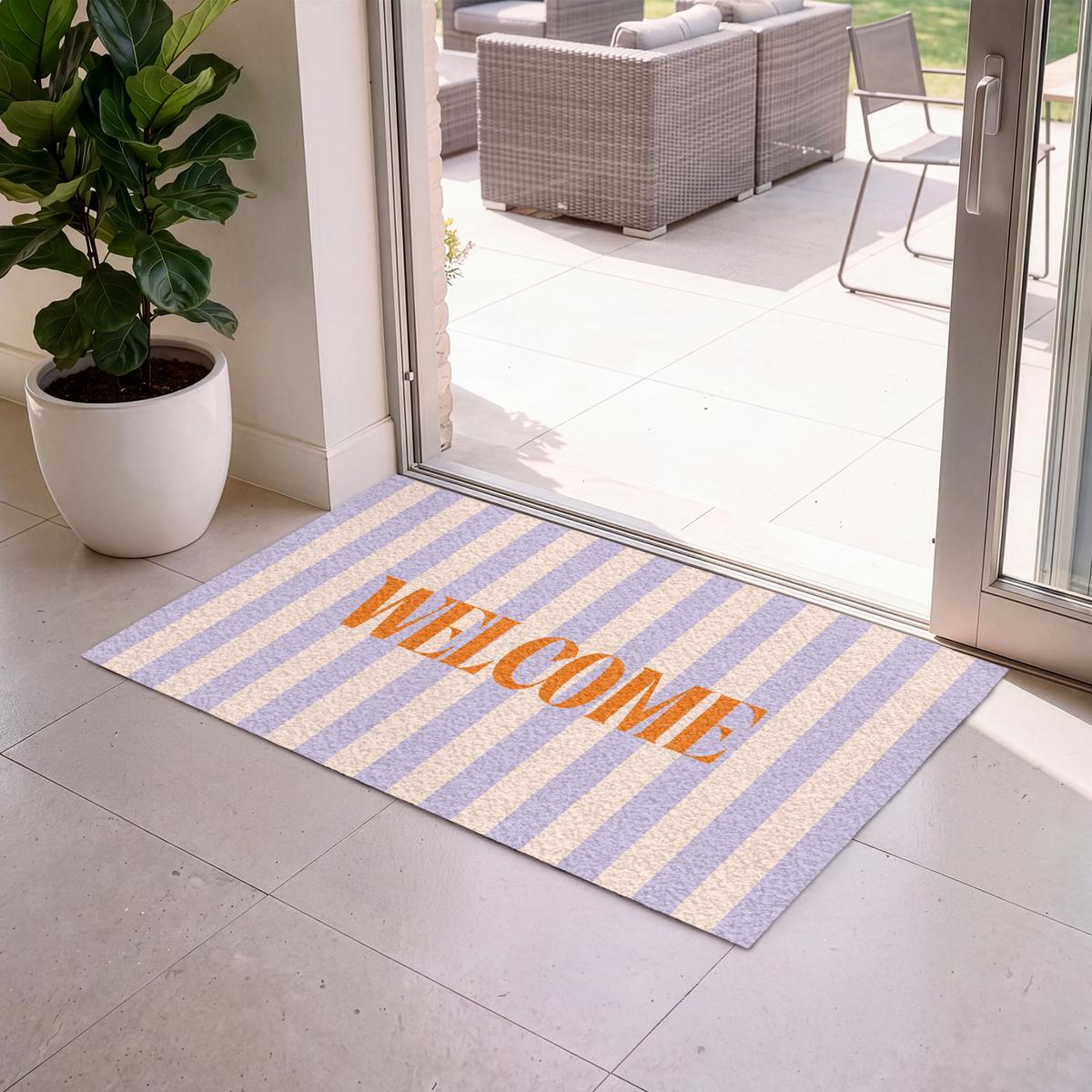 FUSSMATTE Lila – Orange – Streifen – Willkommen 120x80 cm - Flieder, Kunststoff (120/0.4cm) - MuchoWow