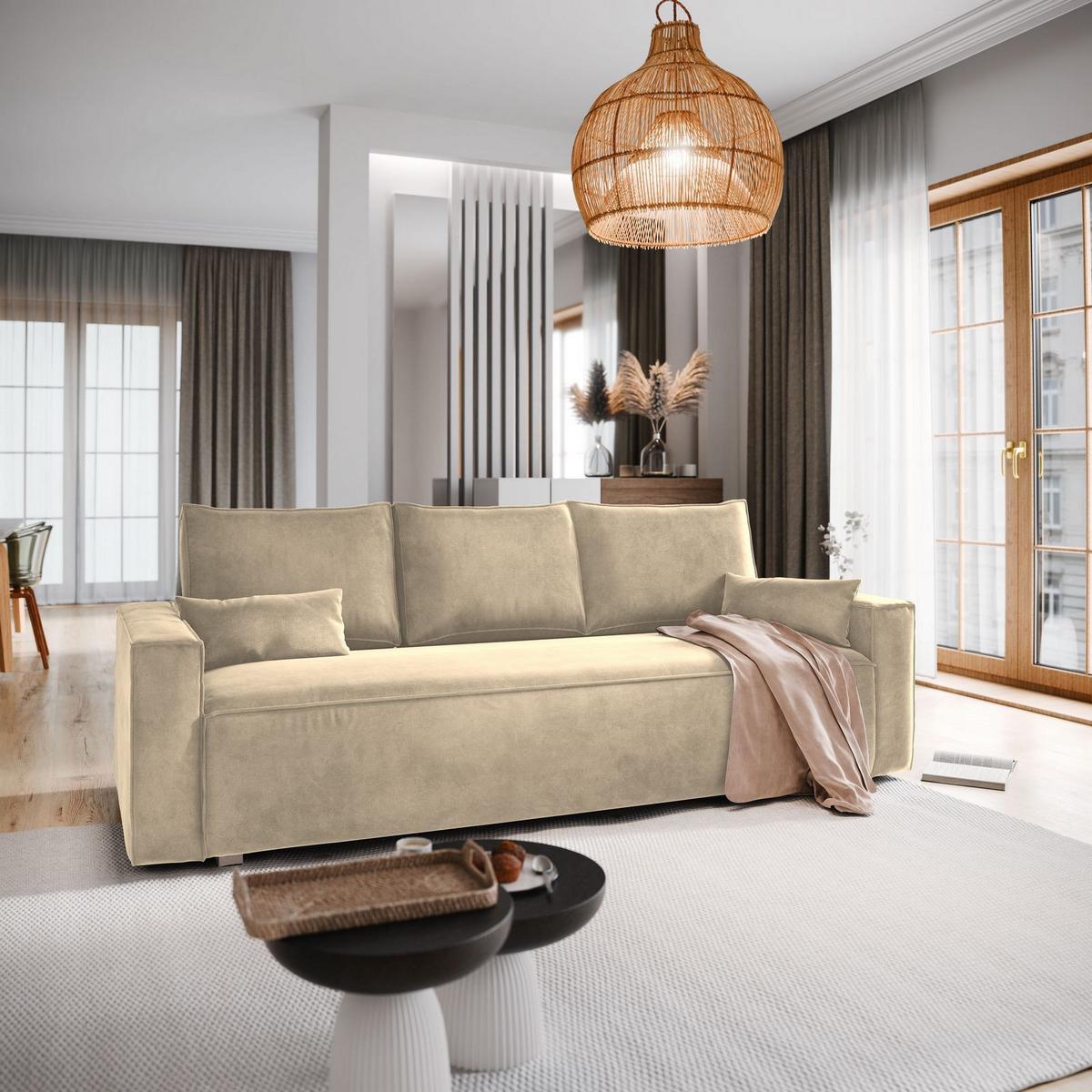 BETTSOFA ALATRI Creme Velours-Stoff mit Schlaffunktion - Creme, Textil (230/85/87cm) - MASSENO