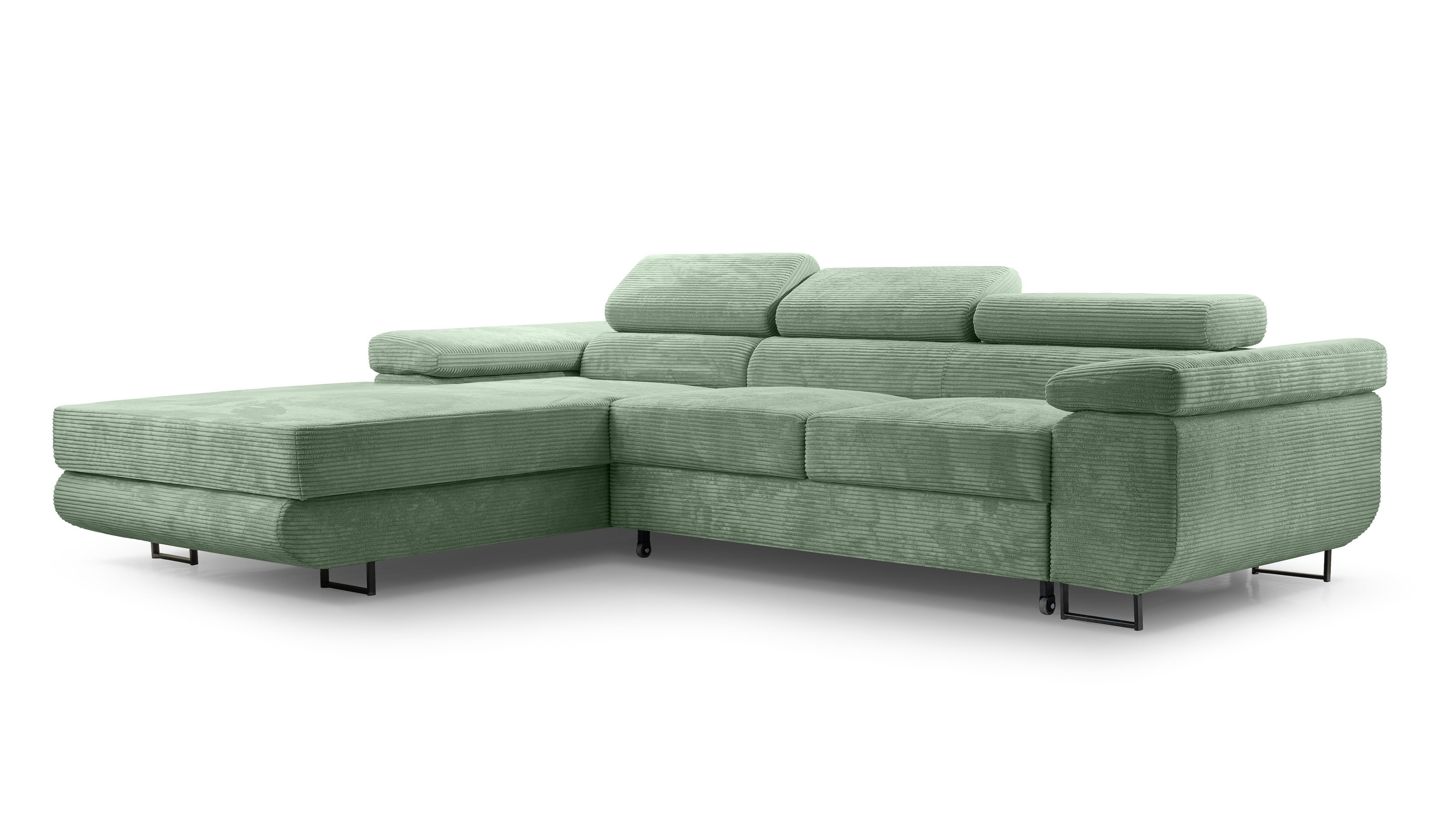 ECKSOFA L Form Arborio Salbeigrün 280/203/90 cm Links mit Schlaffunktion - Schwarz/Grün, Textil/Metall (203/280cm) - AX Living