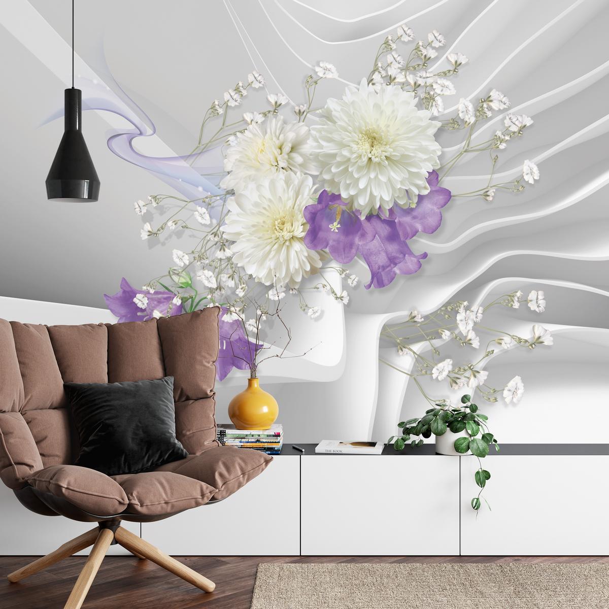 FOTOTAPETE für Wohnzimmer BLUMEN Abstraktes Welliges Raumhintergrund 350x256 - Violett/Weiß, Papier (350/256cm) - Muralo