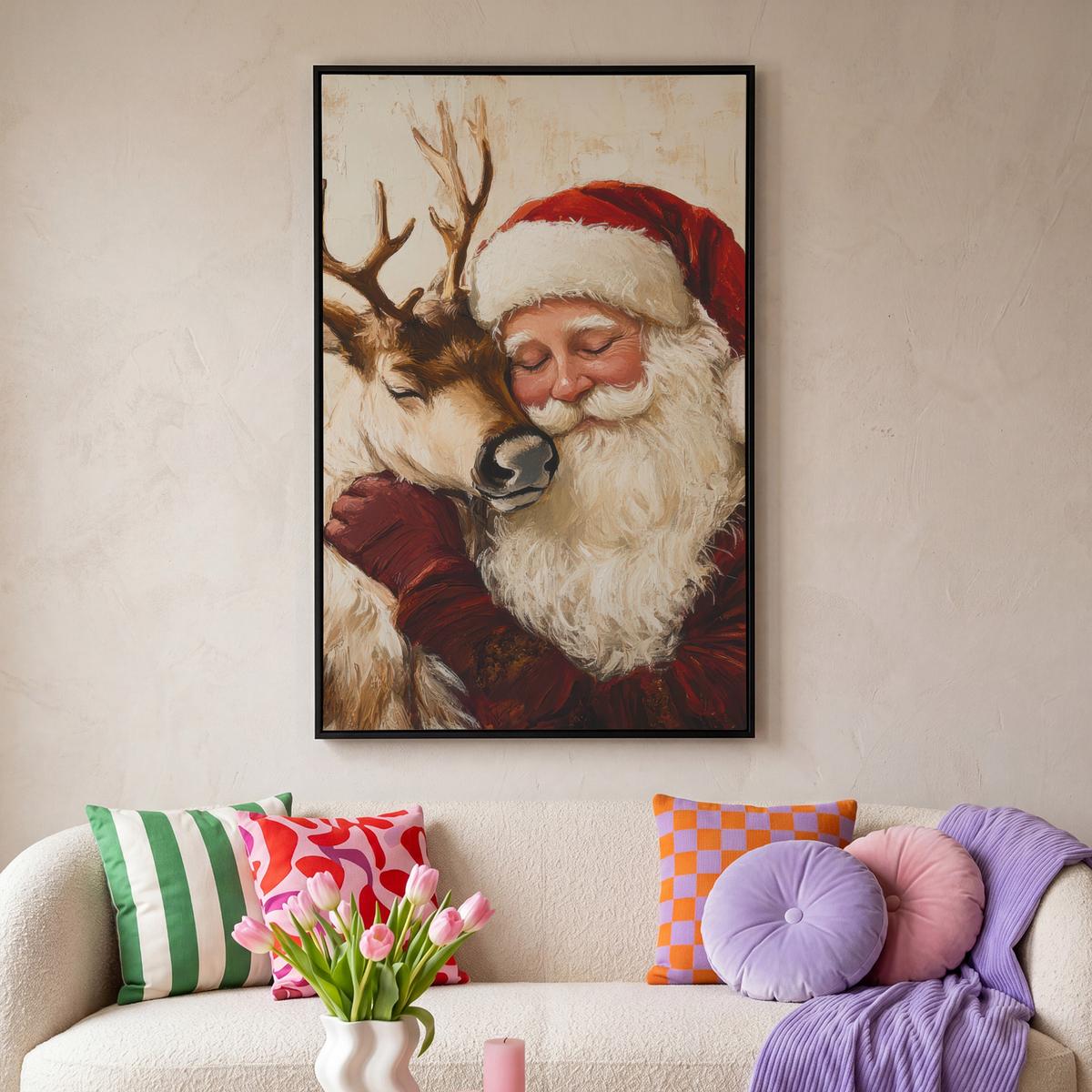 LEINWAND Bilder mit Rahmen - Weihnachtsmann - Rentier - Weihnachten - 100x150 - Rotbraun, Textil (100/150cm) - MuchoWow