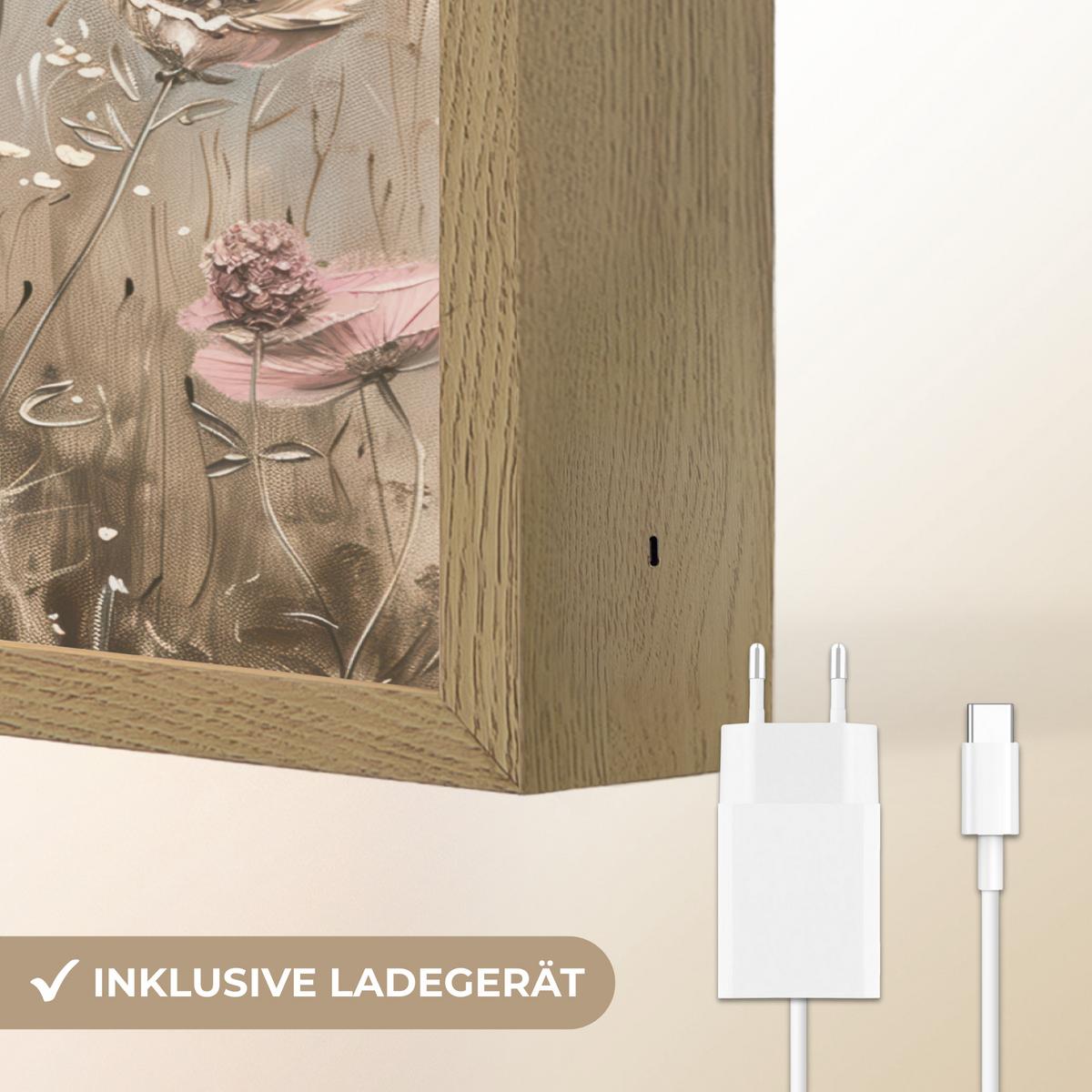 WANDLEUCHTE MIT AKKU Blumen - Rosa - Modern - Beige 40x30 cm - Altrosa, Holzwerkstoff (40/30/8cm) - OnlyWow
