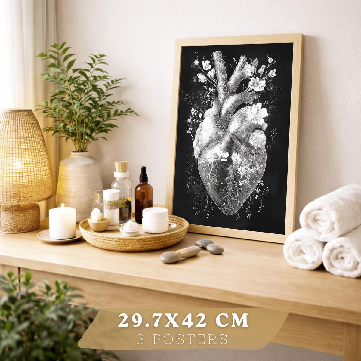 POSTER Set aus 3 Anatomie Drucke und mit Inneren Organen Gehirn Herz Nieren Minimalistisches Schwarz Weiß Design Größe Leichter Holzrahmen A3 - Beige, Papier (29.7/42/3cm) - Nacnic