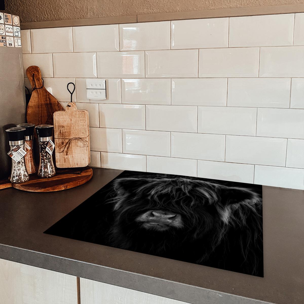 HERDABDECKPLATTE Schottischer Highlander - Kuh - Schwarz - Weiß - Tiere Abdeckung Ceranfeld 57.6x51.6 cm - Schwarz, Kunststoff (57.6/51.6/0.2cm) - MuchoWow