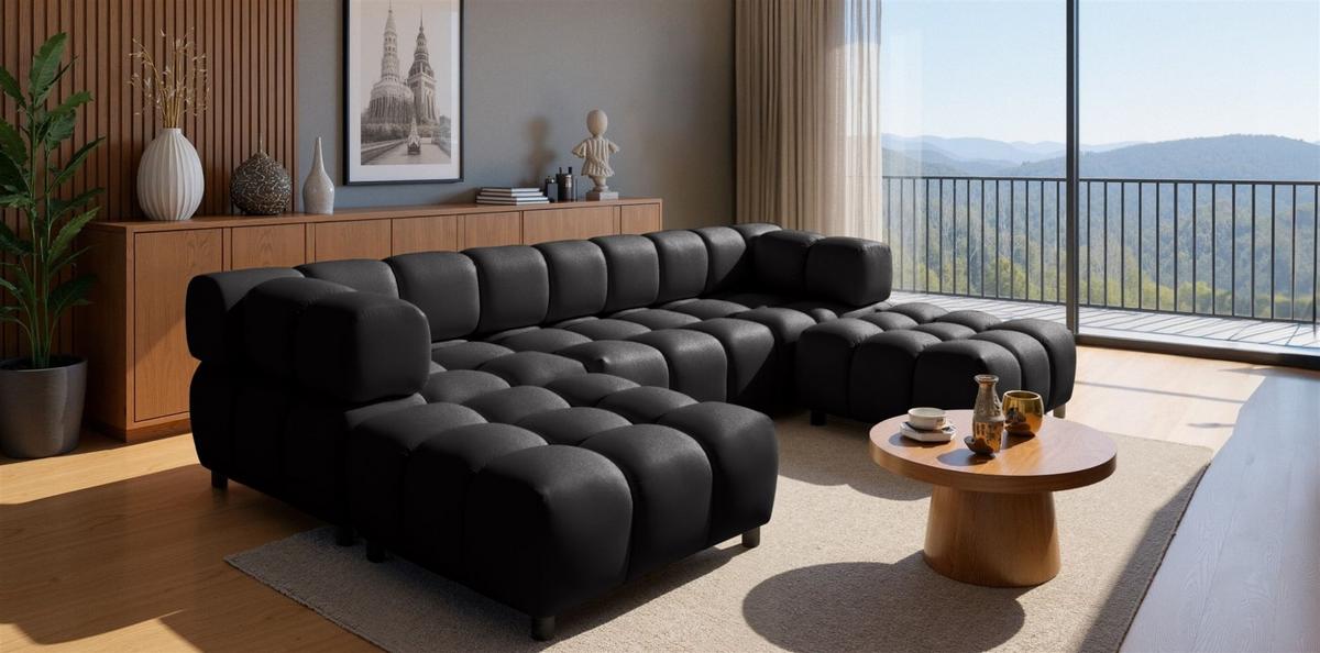 SOFA 3-sitzer Und 2-polsterhocker Flow - Schwarz, Holzwerkstoff/Textil (288/71/96cm) - Fun Möbel