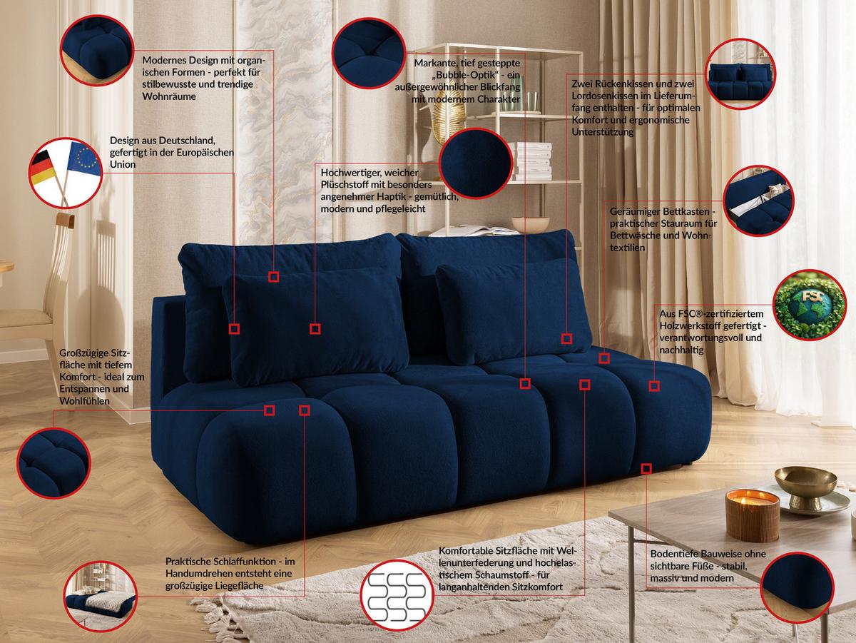 SCHLAFSOFA Belluno aus hochwertigem Marineblau Plüschstoff mit Bettkasten und tiefen Steppungen in Bubble-Optik - Blau/Schwarz, Holz/Kunststoff (205/87/105cm) - S-Style