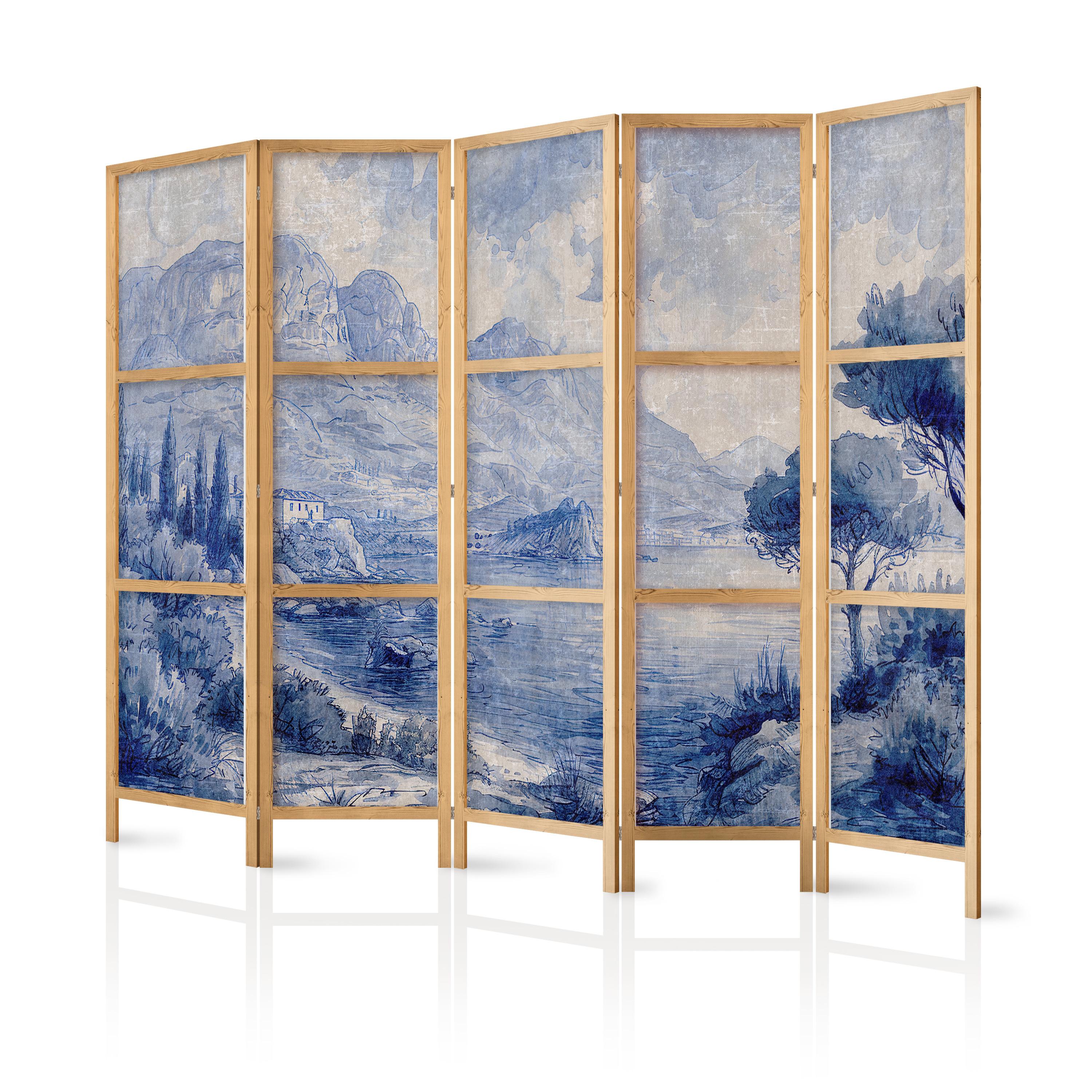 PARAVENT Japanischer 5-tlg 225x172 cm Blaue Landschaft - Blau, Holz/Textil (225/172/3cm) - Muralo