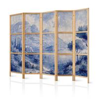 PARAVENT Japanischer 5-tlg 225x172 cm Blaue Landschaft - Blau, Holz/Textil (225/172/3cm) - Muralo