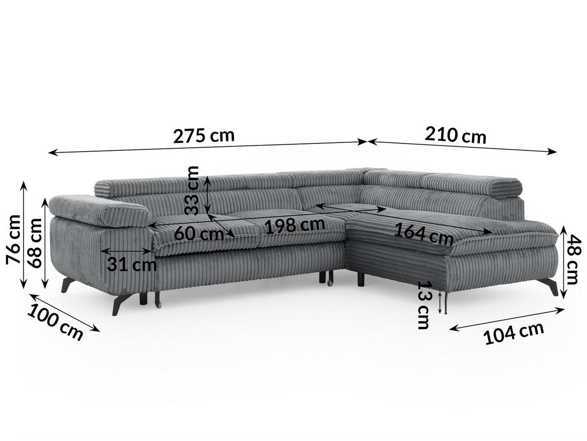 ECKSOFA mit Schlaffunktion und Bettkasten Bonnie aus Grau Cord-Stoff mit verstellbaren Kopfstützen und Armlehne - Ottomane rechts - Schwarz/Grau, Holz/Textil (275/210cm) - S-Style Möbel