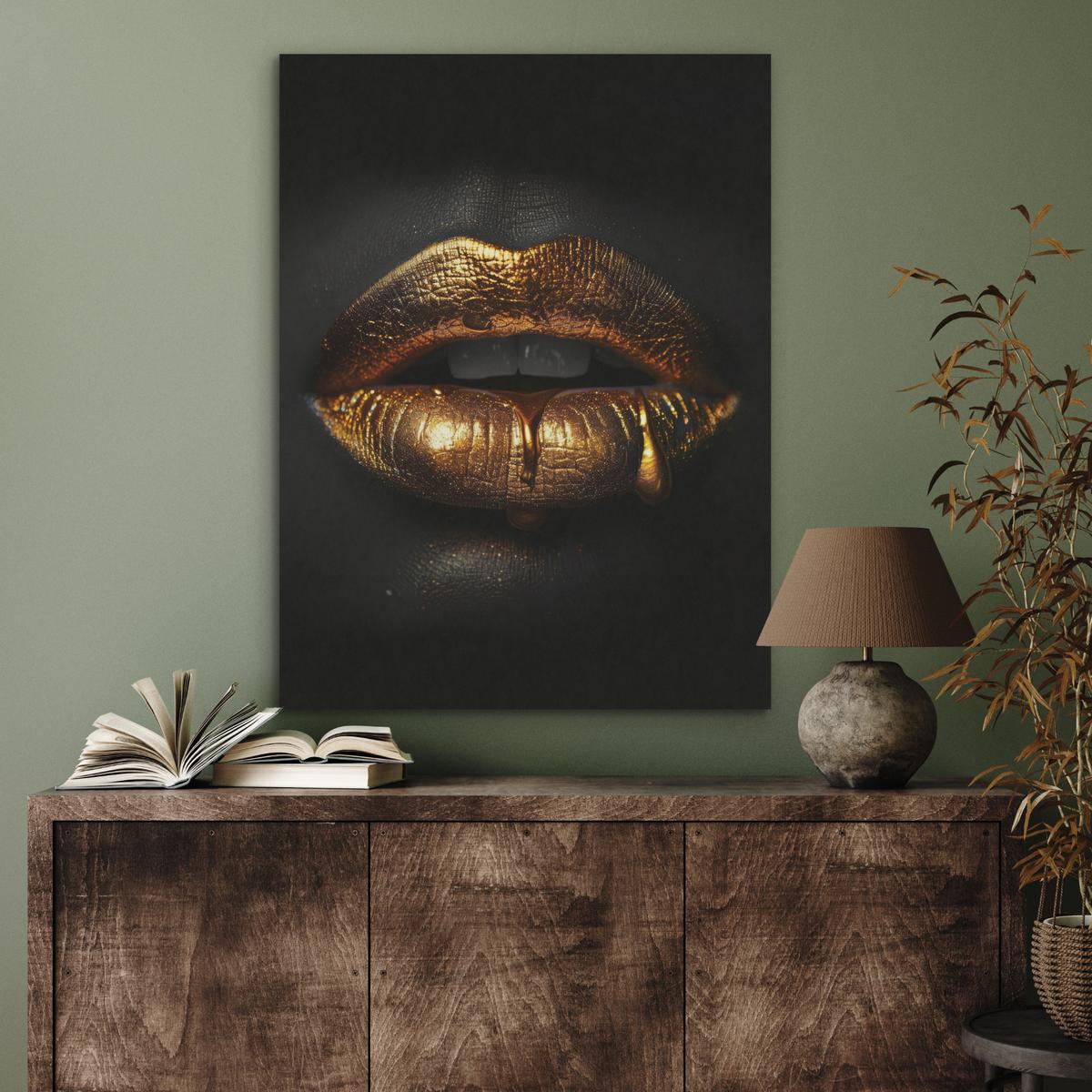 AKUSTIKBILD Frau - Porträt - Lippen - Gold - Schwarz Wandbilder 60x80 cm - Schwarz, Kunststoff (60/80/0.9cm) - MuchoWow
