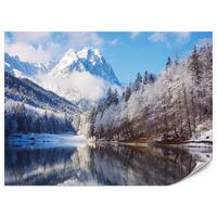 FOTOTAPETE für Wohnzimmer Winterberglandschaft See Nadelwald Schnee 150x105 - Blau/Braun, Papier (150/105cm) - Muralo